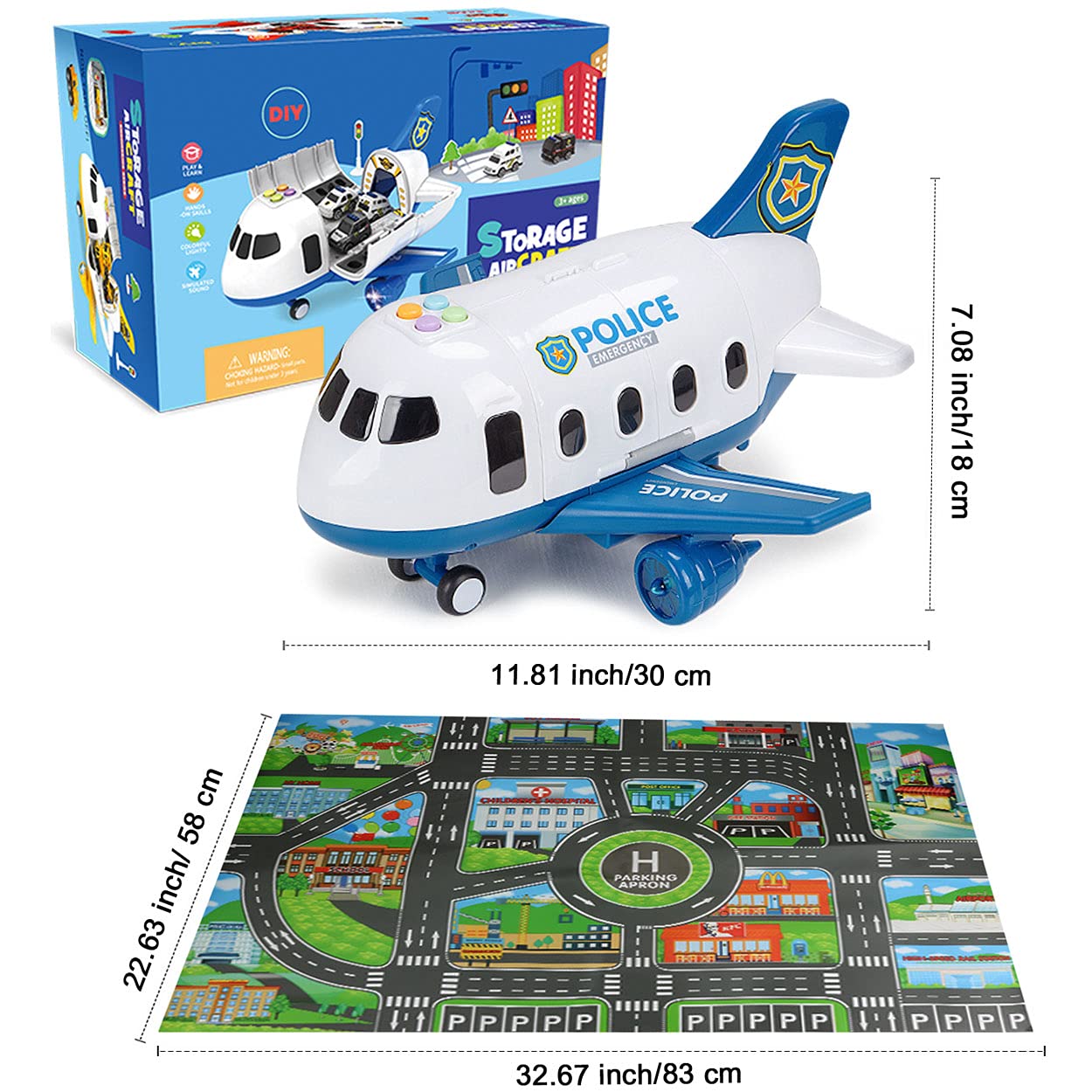 Foto 6 pulgar | Avión Toy Dwi Dowellin Con Luz Y Sonido Y Coche De Policía Con Alfombrilla - Venta Internacional.