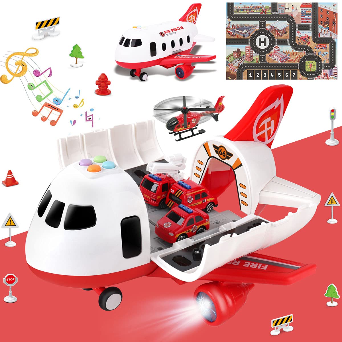 Foto 2 pulgar | Set De Juguetes Dwi Dowellin Airplane Con Camión De Bomberos, Coches Y Tapete De Juego - Venta Internacional.