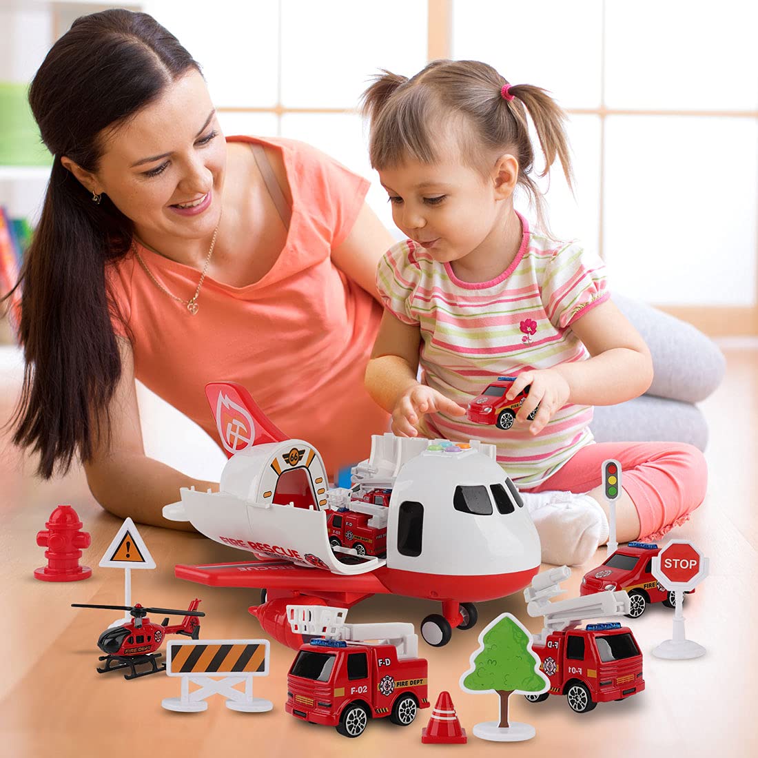 Foto 6 pulgar | Set De Juguetes Dwi Dowellin Airplane Con Camión De Bomberos, Coches Y Tapete De Juego - Venta Internacional.