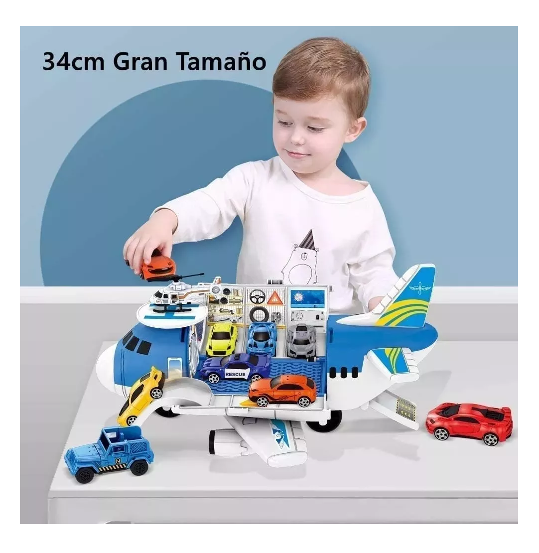 Foto 2 | Juguetes De Avión Con 8 Autos Deportivos Y 1 Helicóptero Niño Azul/blanco