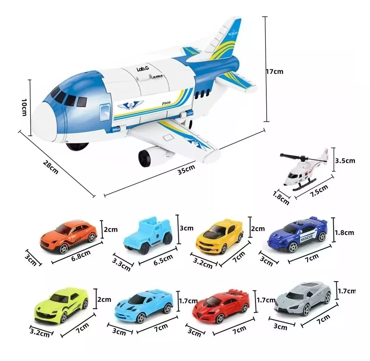 Foto 3 | Juguetes De Avión Con 8 Autos Deportivos Y 1 Helicóptero Niño Azul/blanco