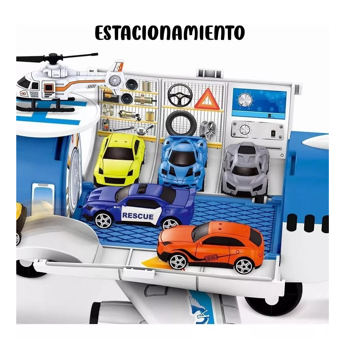 Foto 4 | Juguetes De Avión Con 8 Autos Deportivos Y 1 Helicóptero Niño Azul/blanco