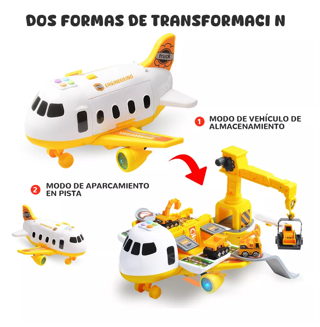 Foto 3 pulgar | Grúa de Juguete Avión Transformer Amarilla 3 en 1 con Luz y Música