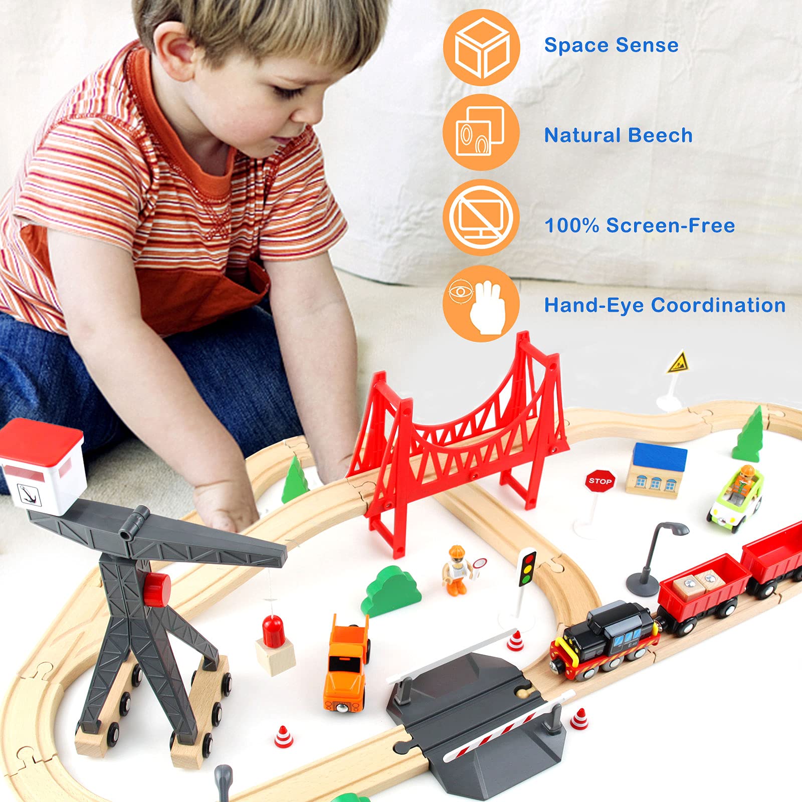 Foto 6 pulgar | Juego De Trenes De Juguete Wood City De Madera De 56 Piezas Para Niños De 2 A 5 Años - Venta Internacional.