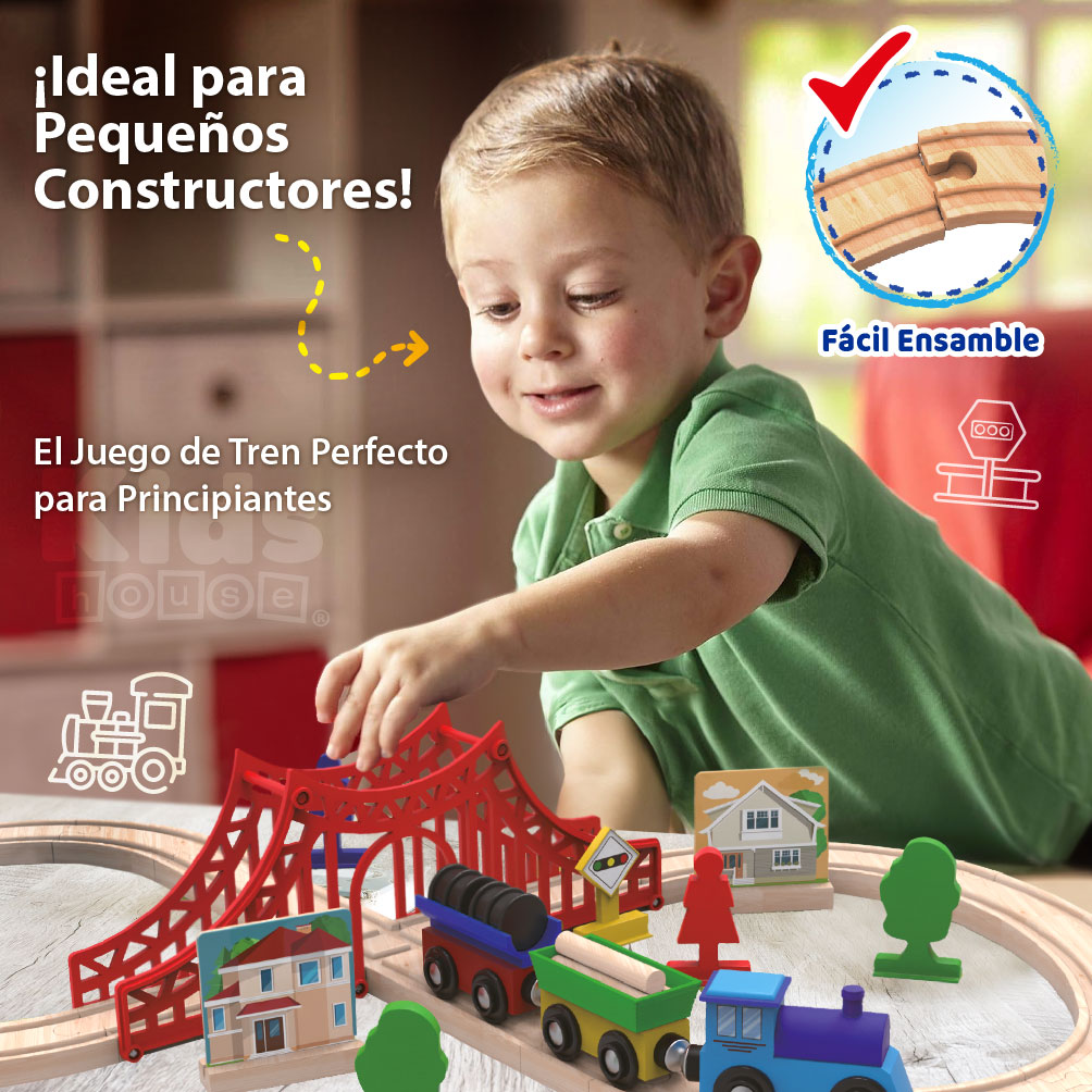 Foto 5 pulgar | Kids House Juego De Tren Urbano De Madera Con 35piezas, Set Completo Con Vías, Tren Con Vagones Magnéticos, Pu