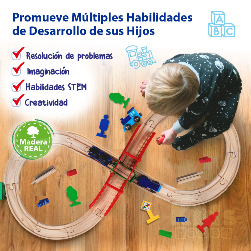 Foto 5 | Kids House Juego De Tren Urbano De Madera Con 35piezas, Set Completo Con Vías, Tren Con Vagones Magnéticos, Pu