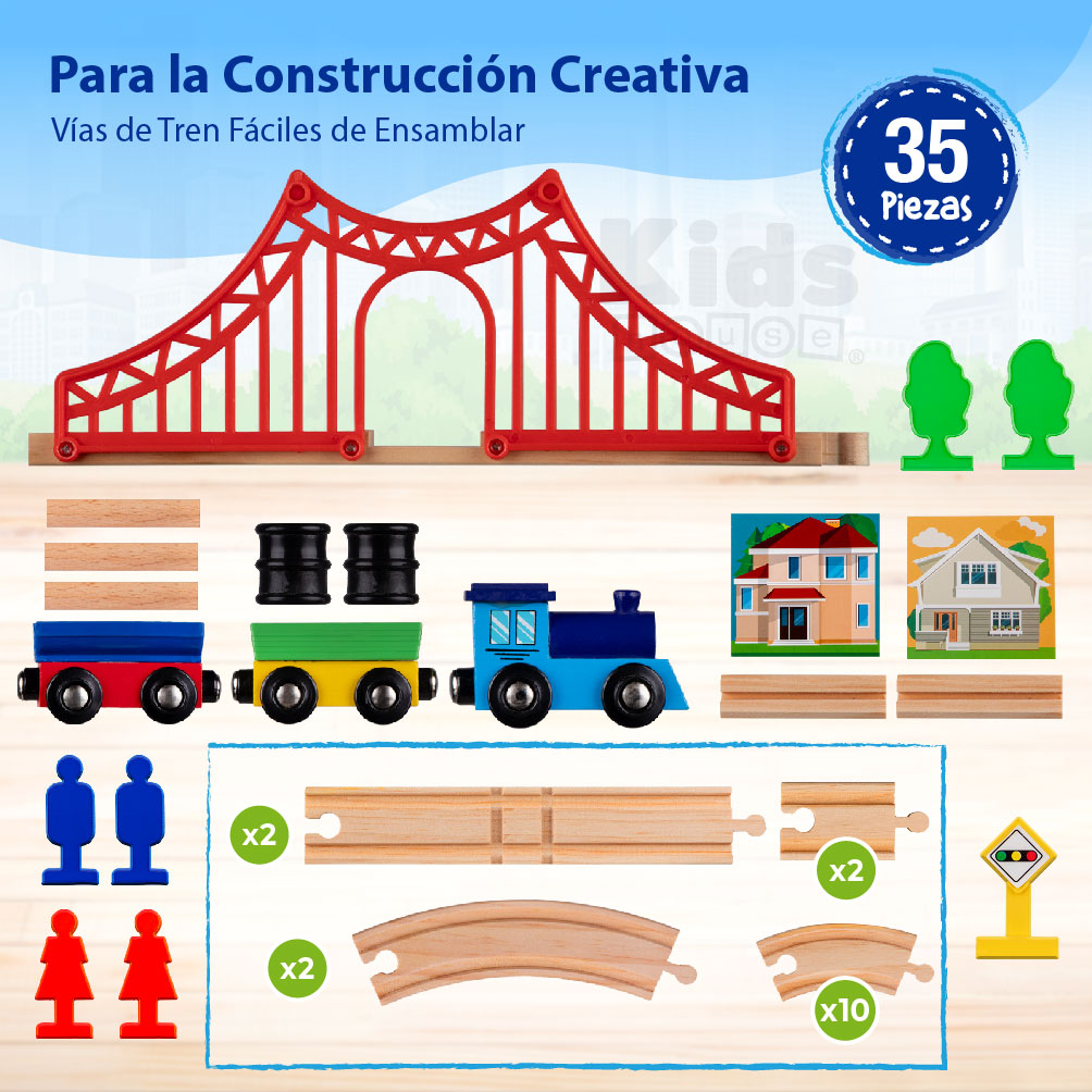 Foto 6 | Kids House Juego De Tren Urbano De Madera Con 35piezas, Set Completo Con Vías, Tren Con Vagones Magnéticos, Pu