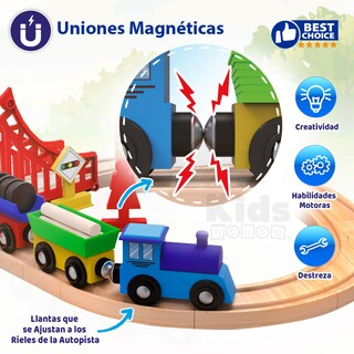 Foto 7 | Kids House Juego De Tren Urbano De Madera Con 35piezas, Set Completo Con Vías, Tren Con Vagones Magnéticos, Pu