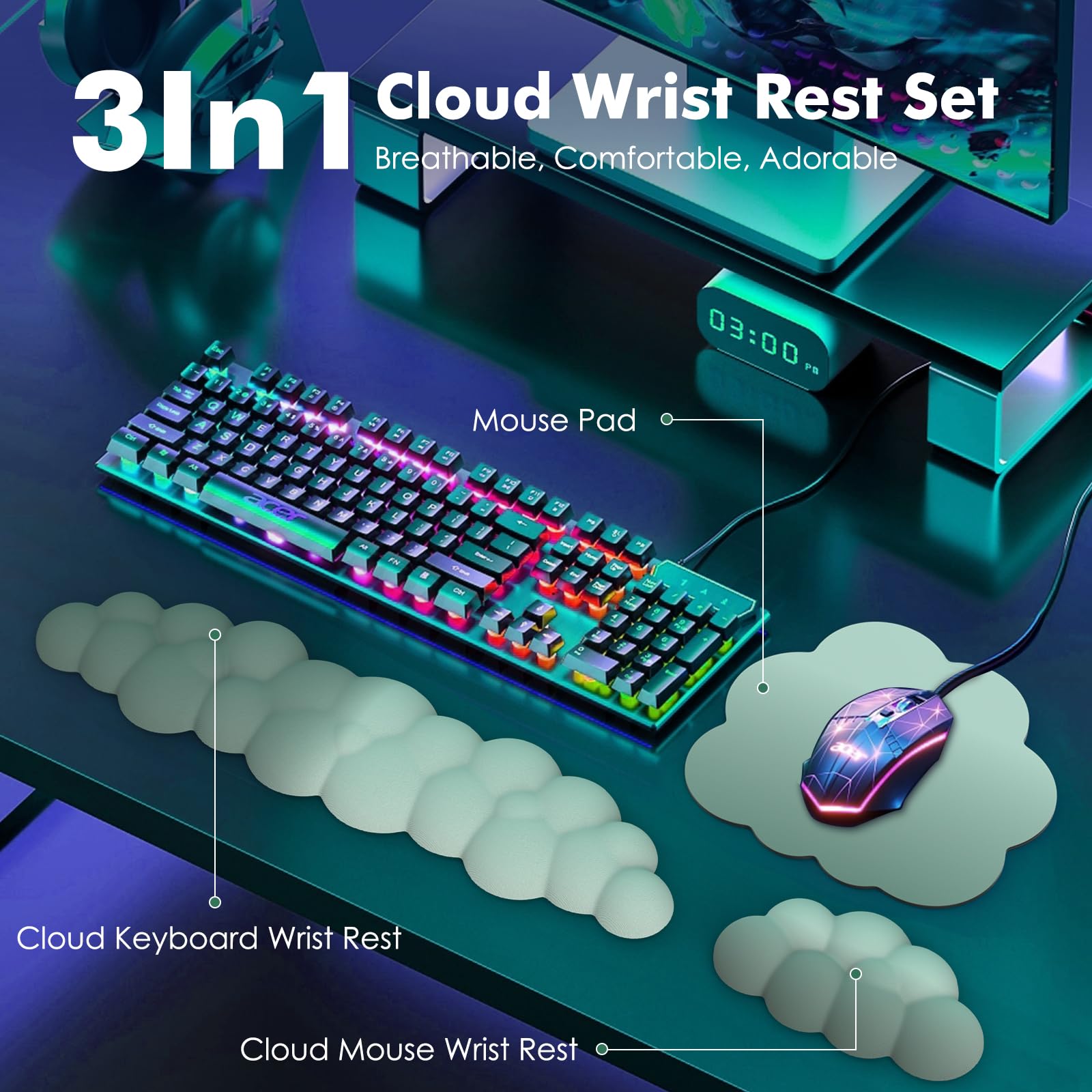 Foto 2 | Set De Reposamuñecas Moko Cloud Para Teclado Y Ratón, Color Verde - Venta Internacional.