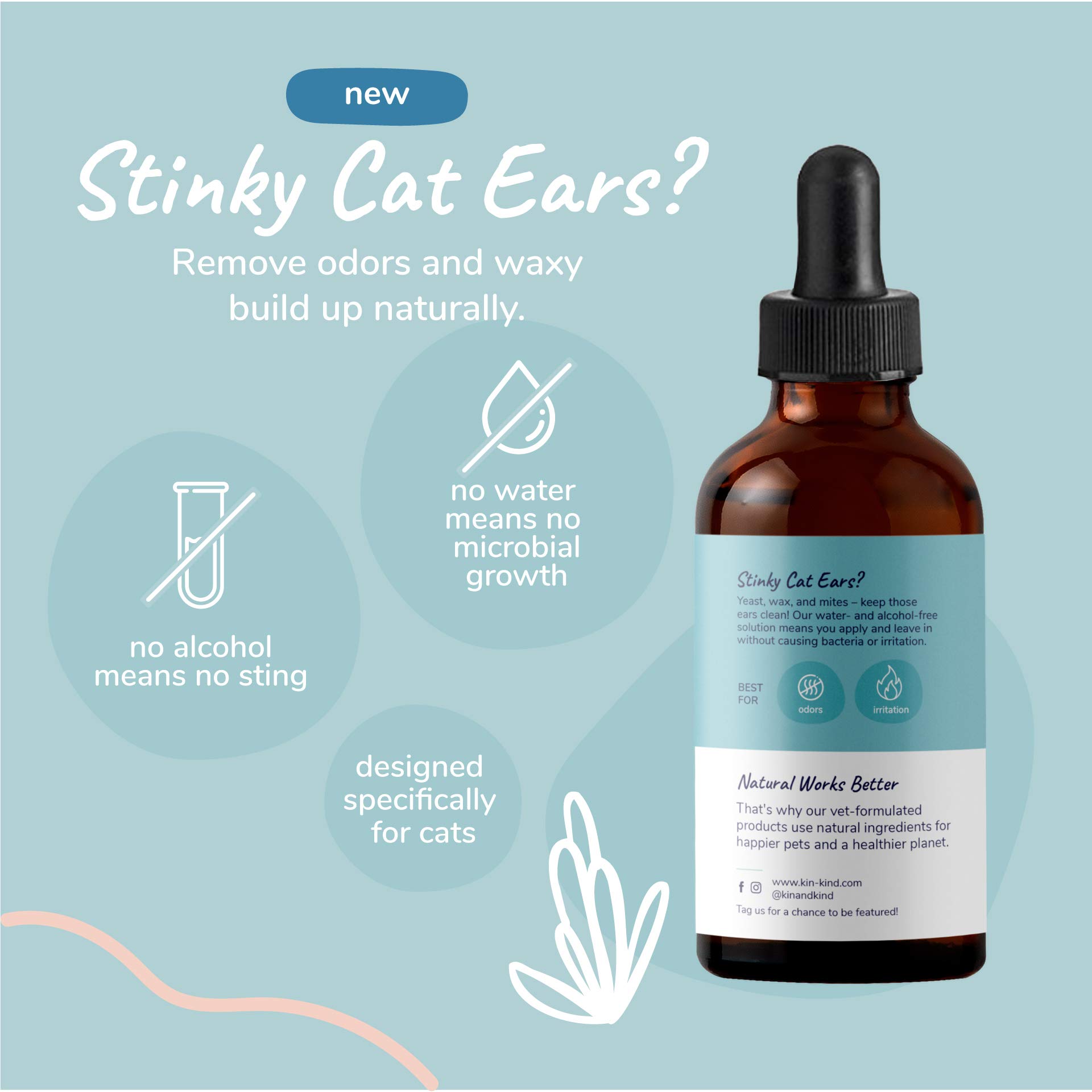 Foto 2 | Limpiador De Orejas Para Gatos Kin+kind Cat Ear Drops Vet Solution Usa - Venta Internacional.
