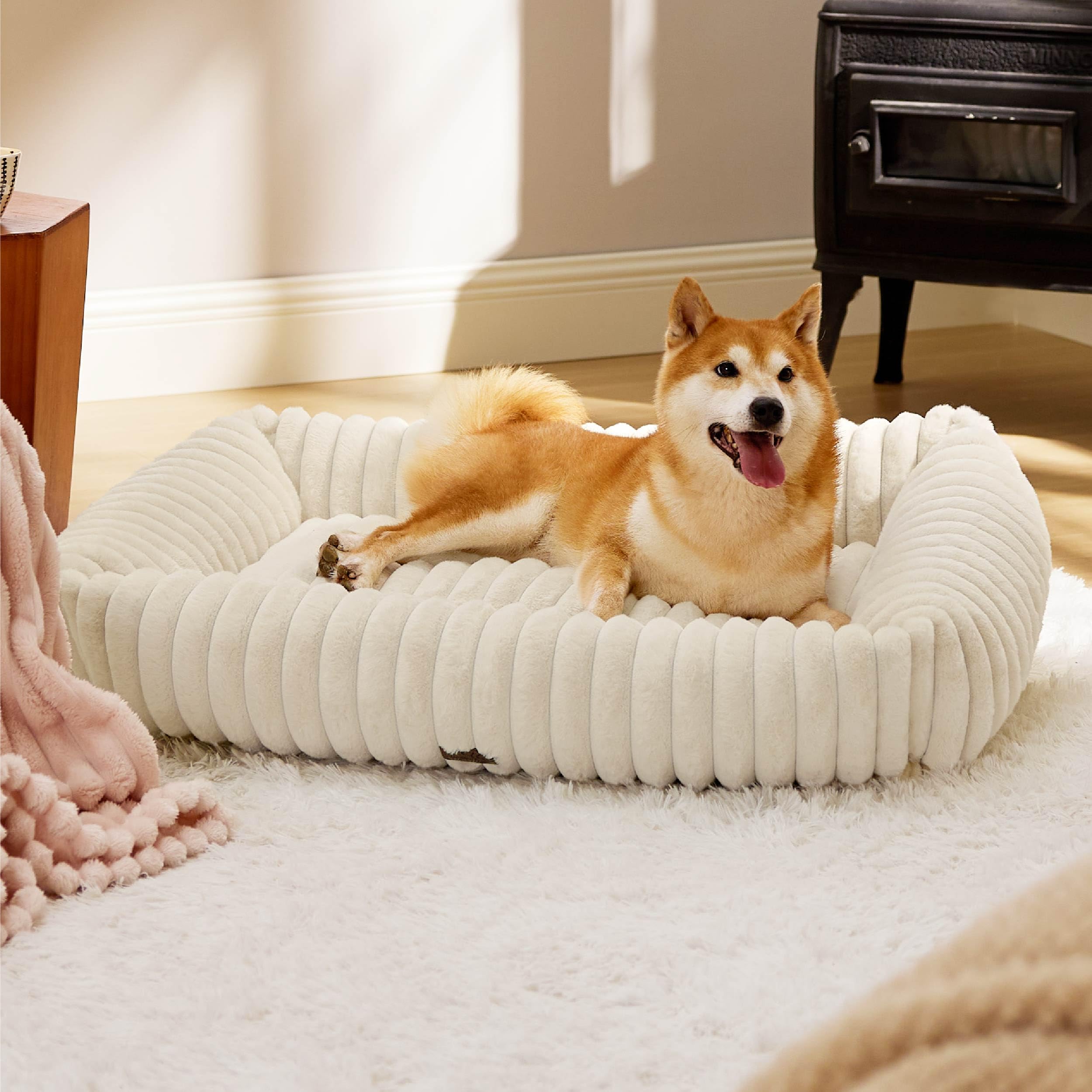 Cama Para Perro, Bonita, Lavable, Con Forro Polar De Pana Peluda, Color Crema - Venta Internacional.