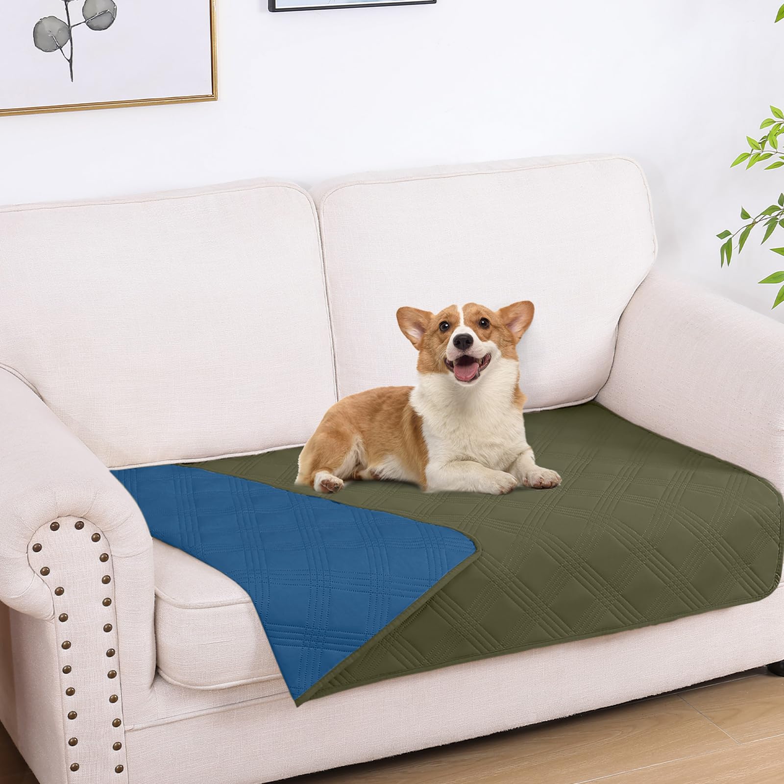 Manta Impermeable Para Perros Hyha, Cama Reversible Para Mascotas, Color Verde Y Azul Marino - Venta Internacional.