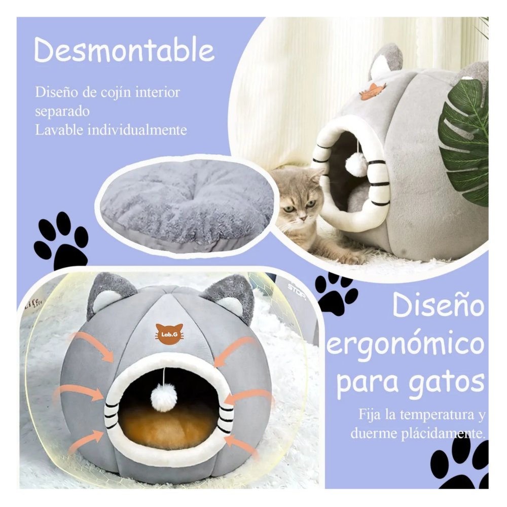 Foto 5 pulgar | 2 En 1 Cama Cueva Y Casa Para Gato Perro Cachorro Con Cojín Lab.g, Gris