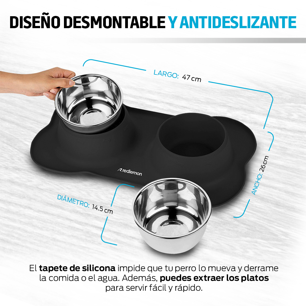 Foto 6 pulgar | Plato para Perro Redlemon 79509-bl color Negro con 2 Tazones de Acero Inoxidable de 750 ml