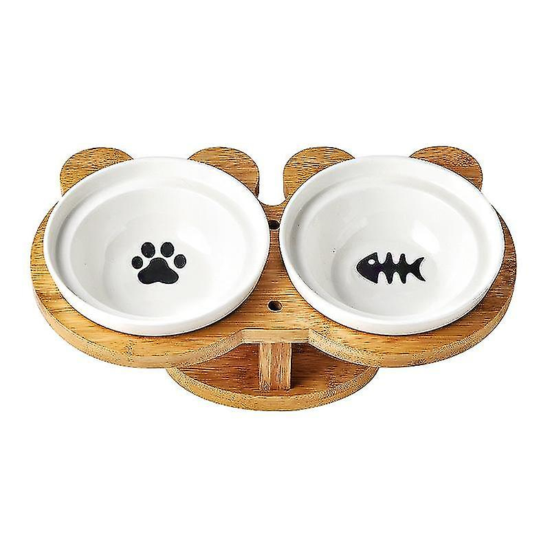 Cuencos Dobles Para Gatos Huoguo, Madera Y Cerámica, 31,8 X 18,2 X 9 Cm - Venta Internacional.