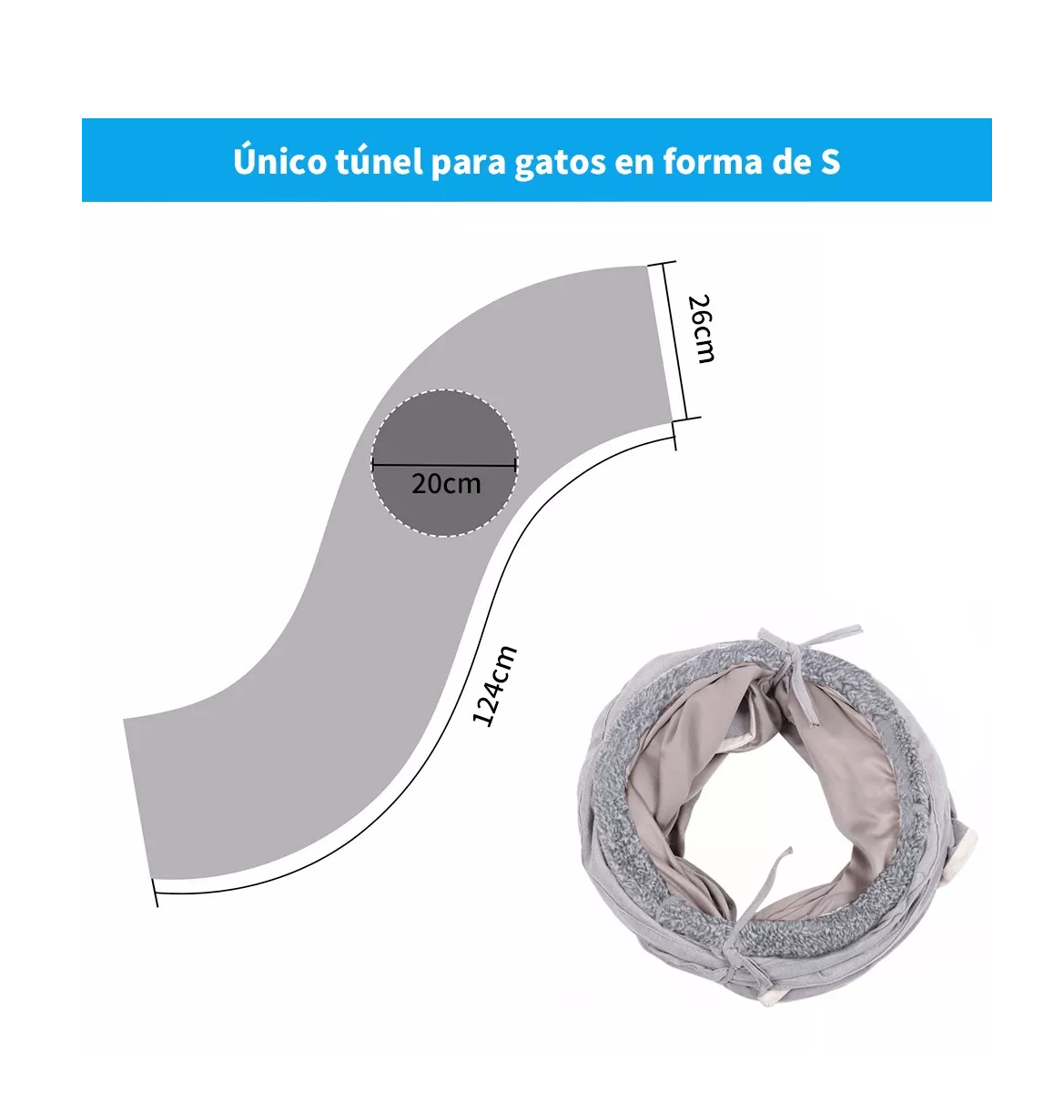 Foto 3 pulgar | Túnel Plegable Para Gato Con Bola Colgante, Forma De S 124 Cm, Gris