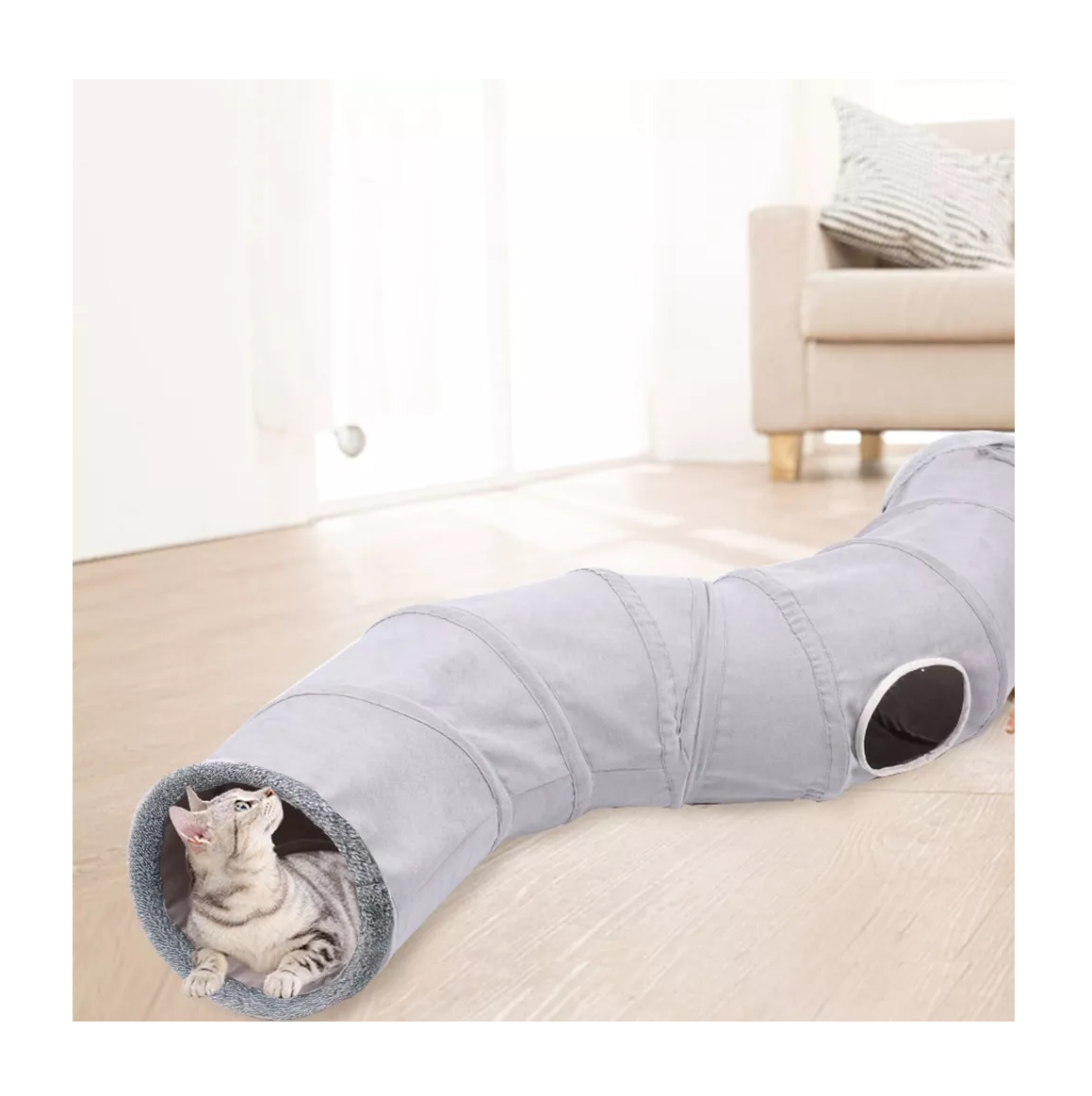 Foto 5 pulgar | Túnel Plegable Para Gato Con Bola Colgante, Forma De S 124 Cm, Gris