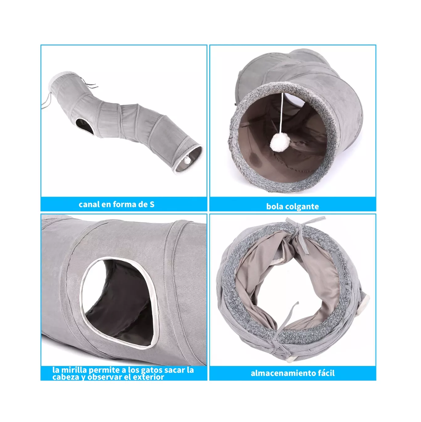 Foto 6 pulgar | Túnel Plegable Para Gato Con Bola Colgante, Forma De S 124 Cm, Gris