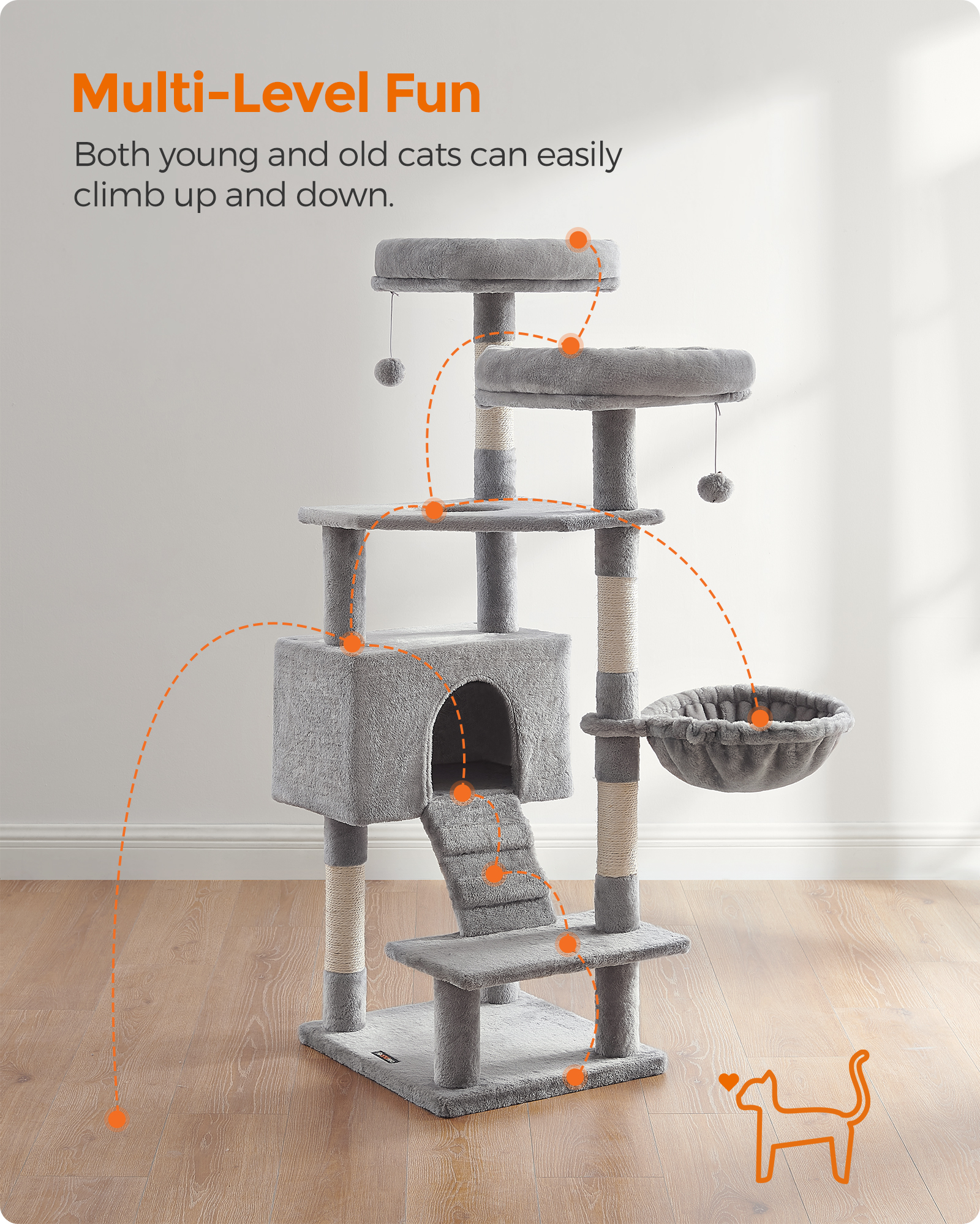 Foto 4 pulgar | Cat Tree Feandrea Mpct161w01 Gris Claro 143 Cm Con Hamaca