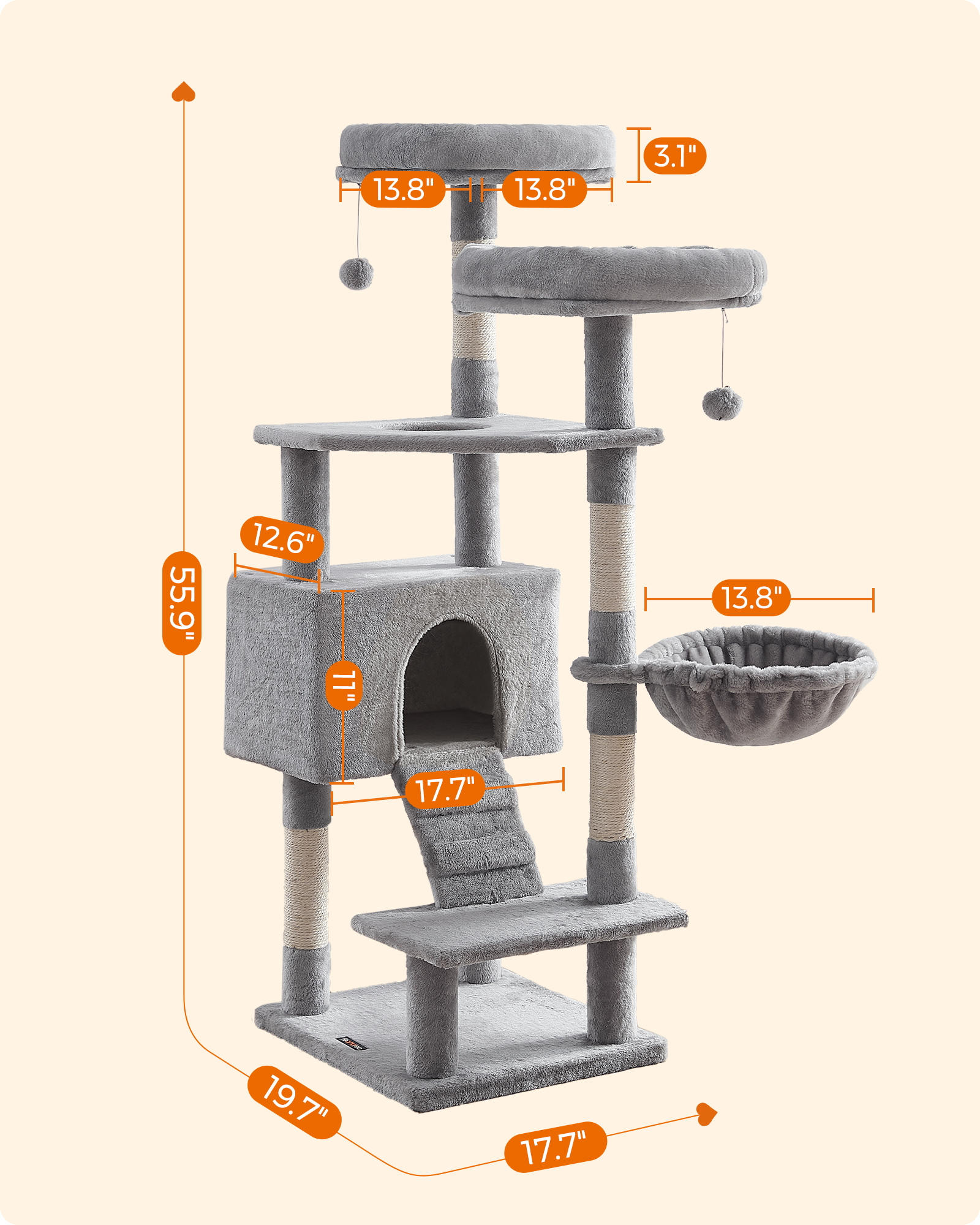 Foto 8 pulgar | Cat Tree Feandrea Mpct161w01 Gris Claro 143 Cm Con Hamaca