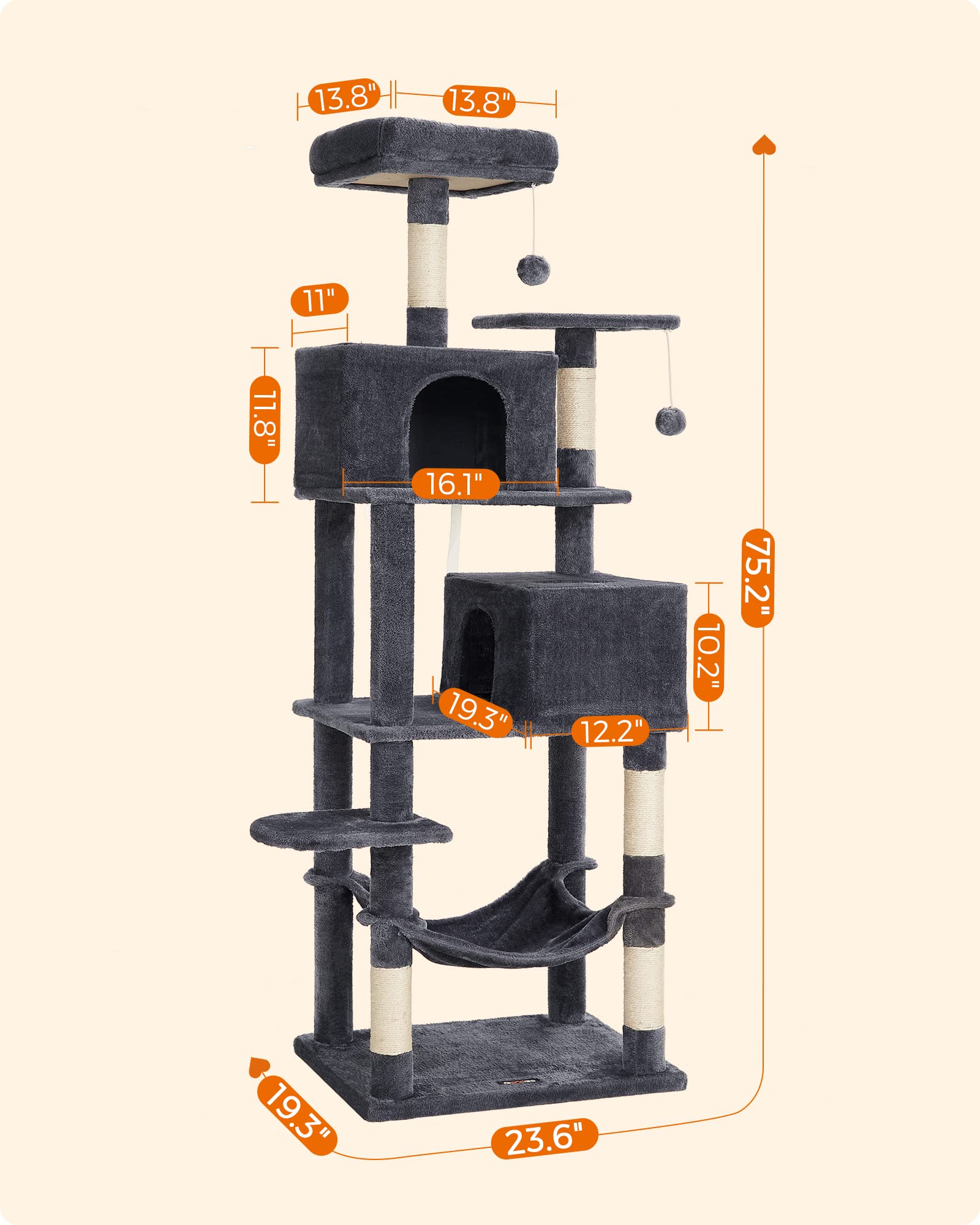 Foto 7 pulgar | Torre Para Gatos Cat Tree Feandrea De 190 Cm Con 2 Perchas Y 2 Cuevas - Venta Internacional.