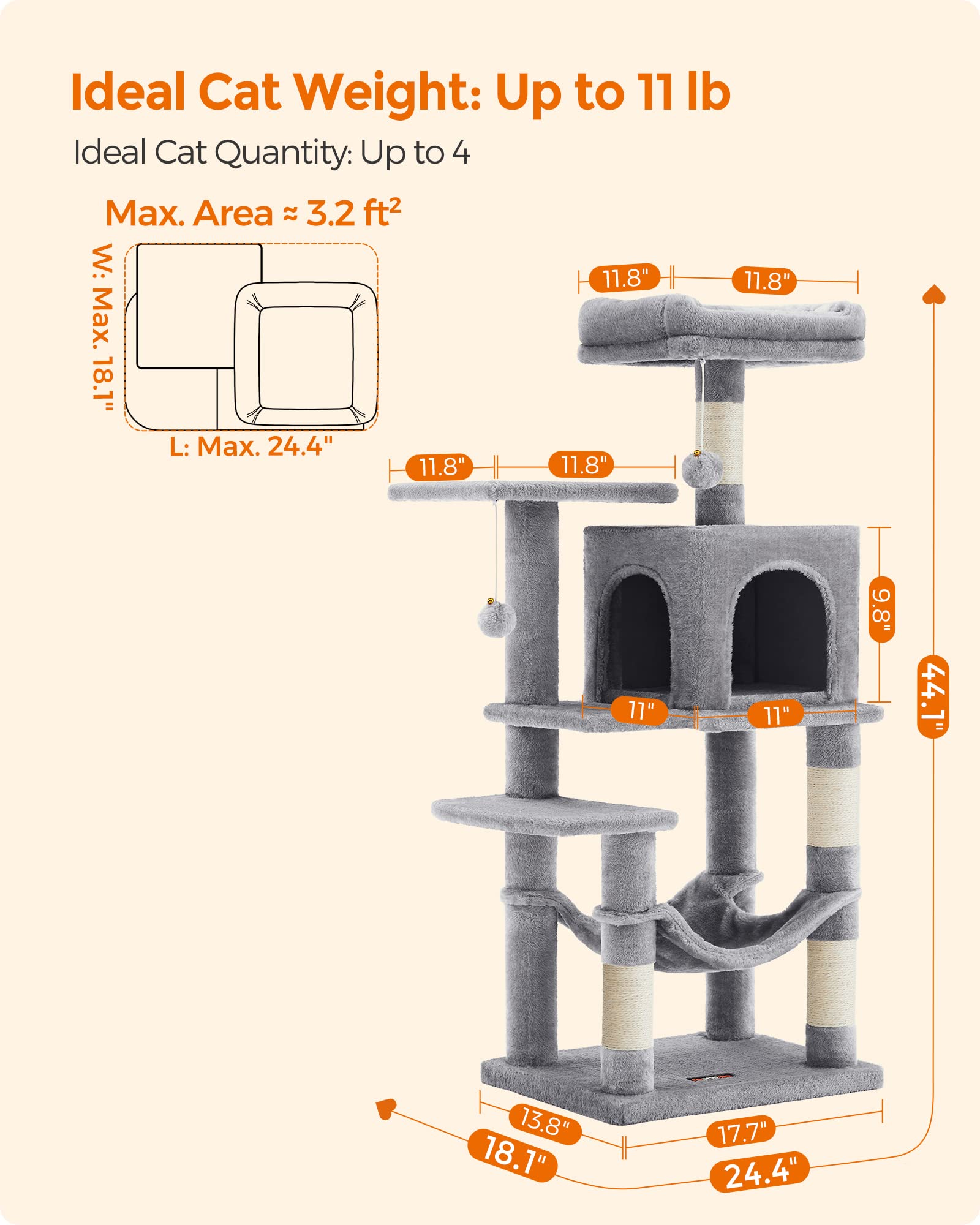 Foto 6 | Torre Para Gatos Feandrea Cat Tree De 112 Cm Con Rascadores Y Hamaca