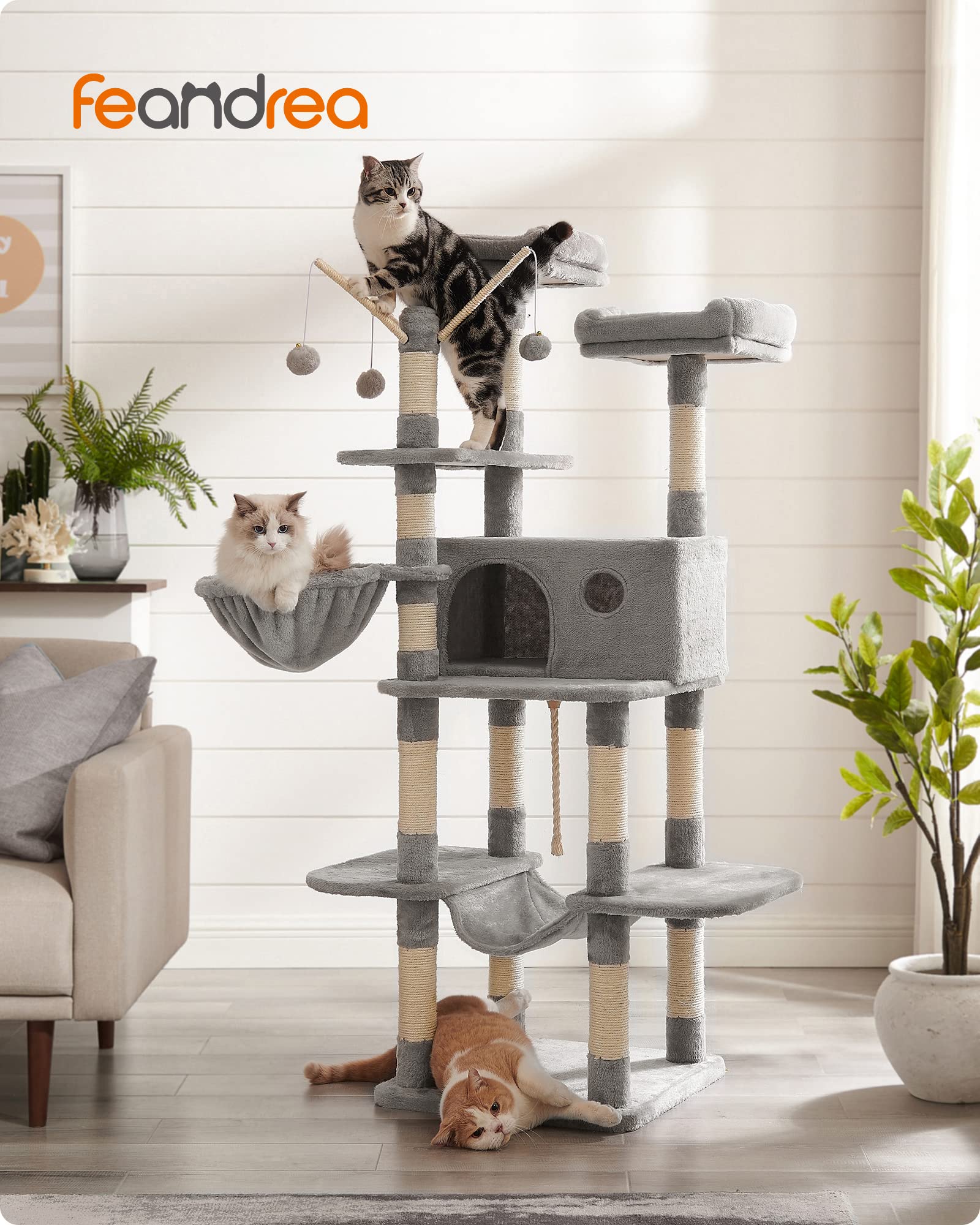 Foto 3 pulgar | Torre Grande Para Gatos Cat Tree Feandrea, 164,1 Cm, Con Hamaca, Gris Claro - Venta Internacional.