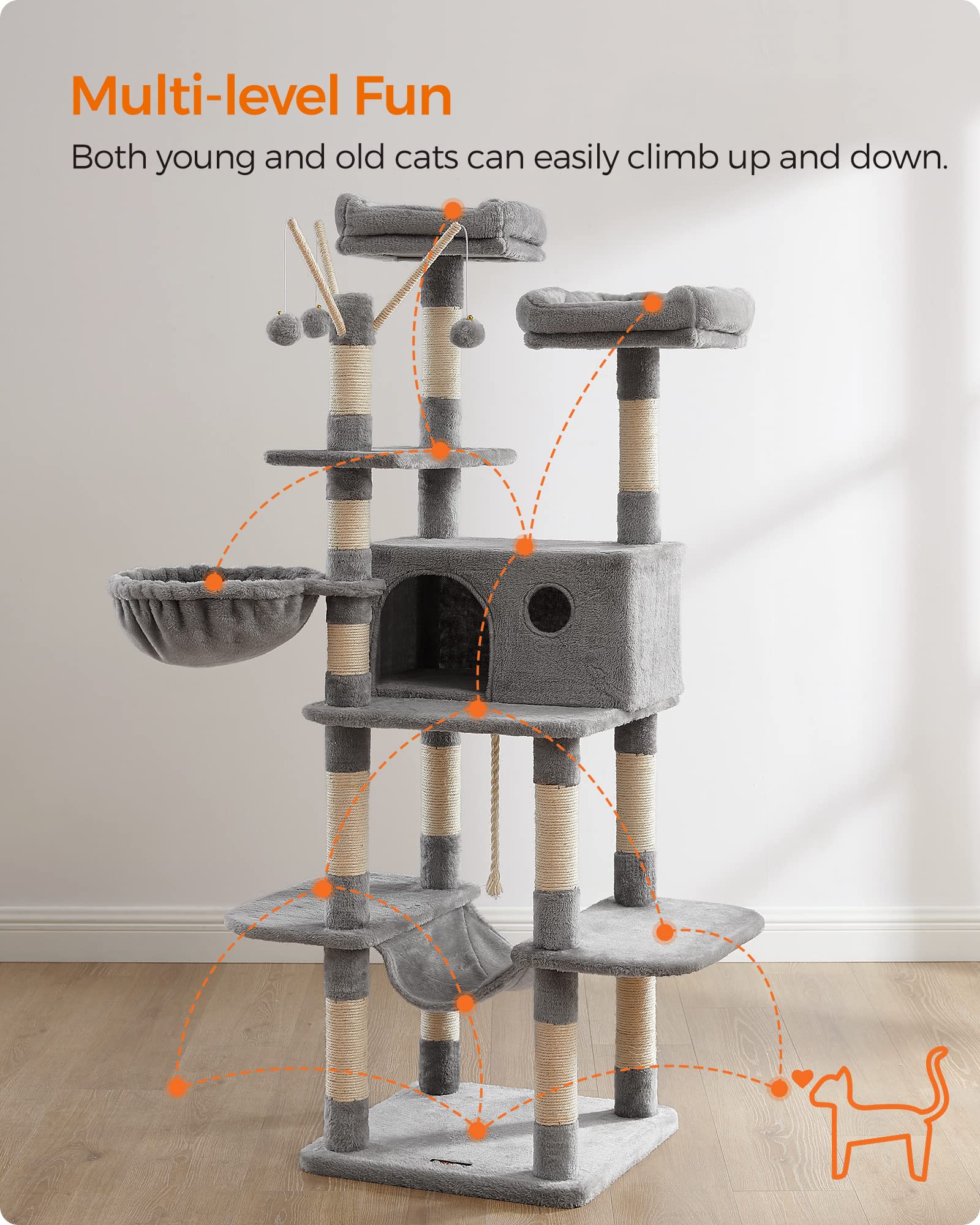 Foto 4 pulgar | Torre Grande Para Gatos Cat Tree Feandrea, 164,1 Cm, Con Hamaca, Gris Claro - Venta Internacional.