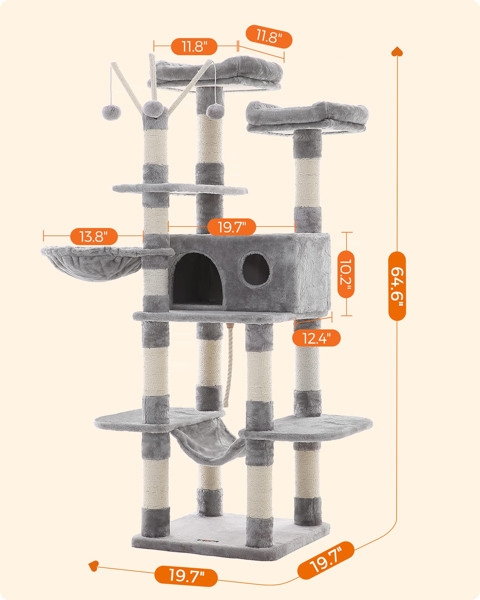 Foto 7 pulgar | Torre Grande Para Gatos Cat Tree Feandrea, 164,1 Cm, Con Hamaca, Gris Claro - Venta Internacional.