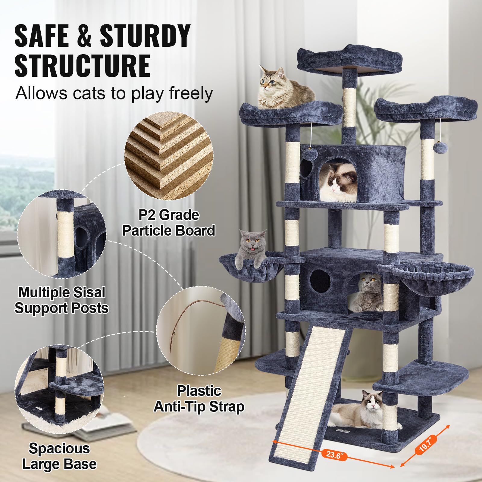 Foto 4 pulgar | Cat Tree Vevor De 68,5 Pulgadas Con 2 Condominios Para Gatos, Rascador - Venta Internacional.