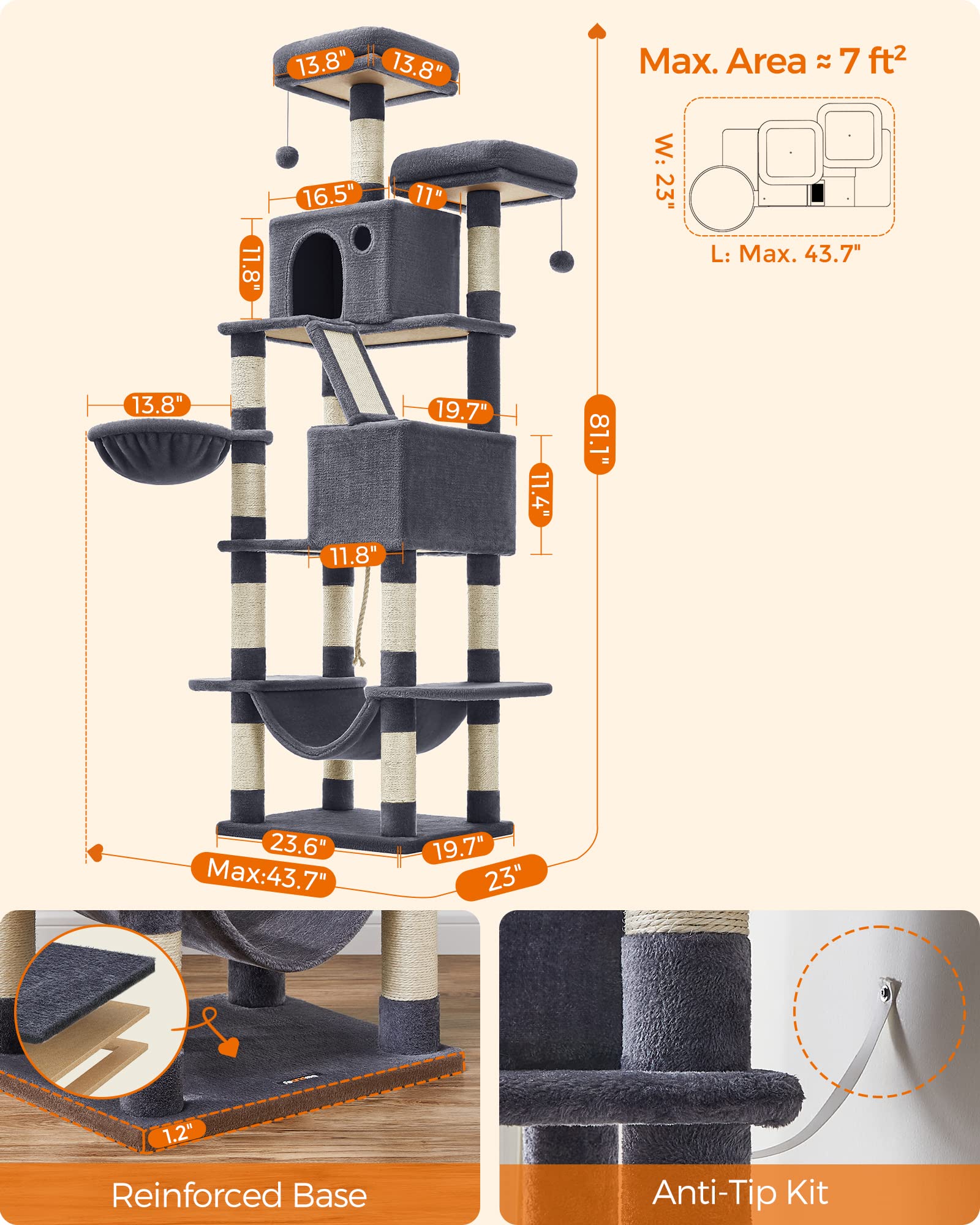 Foto 7 pulgar | Torre Grande Para Gatos Cat Tree Feandrea, 206 Cm, Con 13 Rascadores - Venta Internacional.