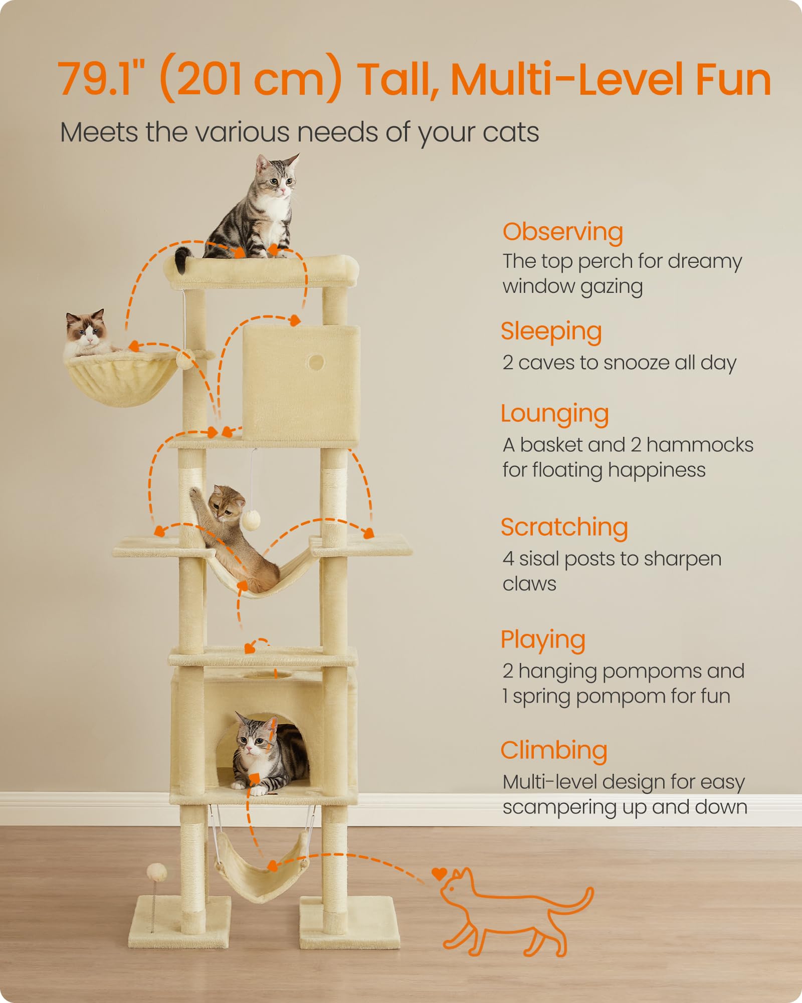 Foto 3 | Cat Tree Feandrea De 201 Cm De Altura Para Gatos De Interior Con Rascador - Venta Internacional.
