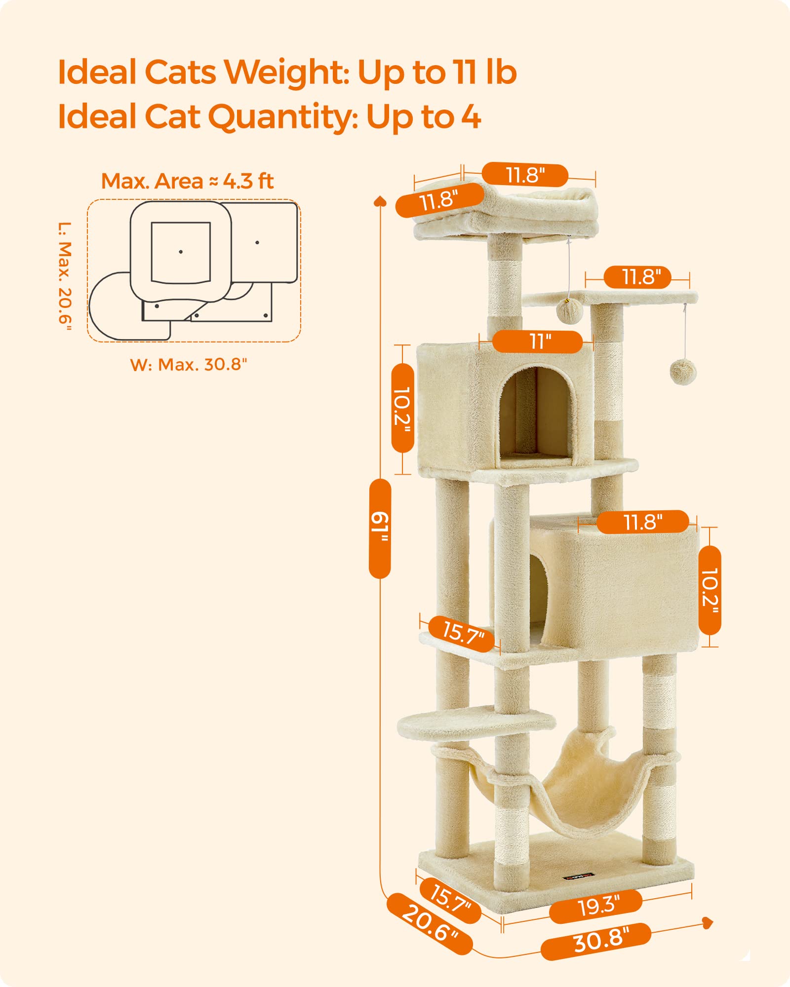 Foto 7 pulgar | Torre Para Gatos Cat Tree Feandrea De 155 Cm Con Rascadores Y Hamaca - Venta Internacional.