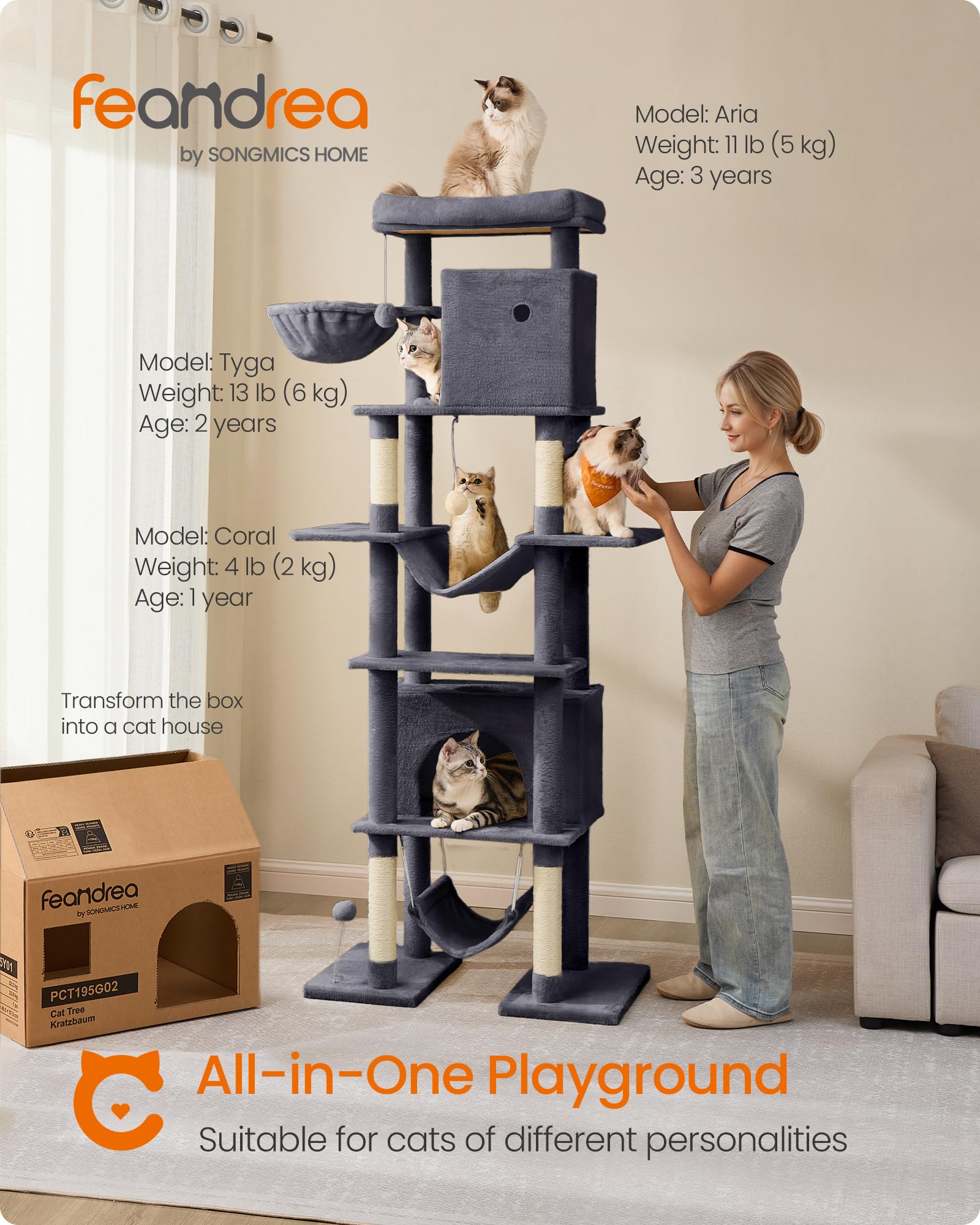 Foto 2 | Árbol Para Gatos Feandrea, Color Gris Oscuro, Upct195g02, 201 Cm De Alto, Con Accesorios - Venta Internacional.