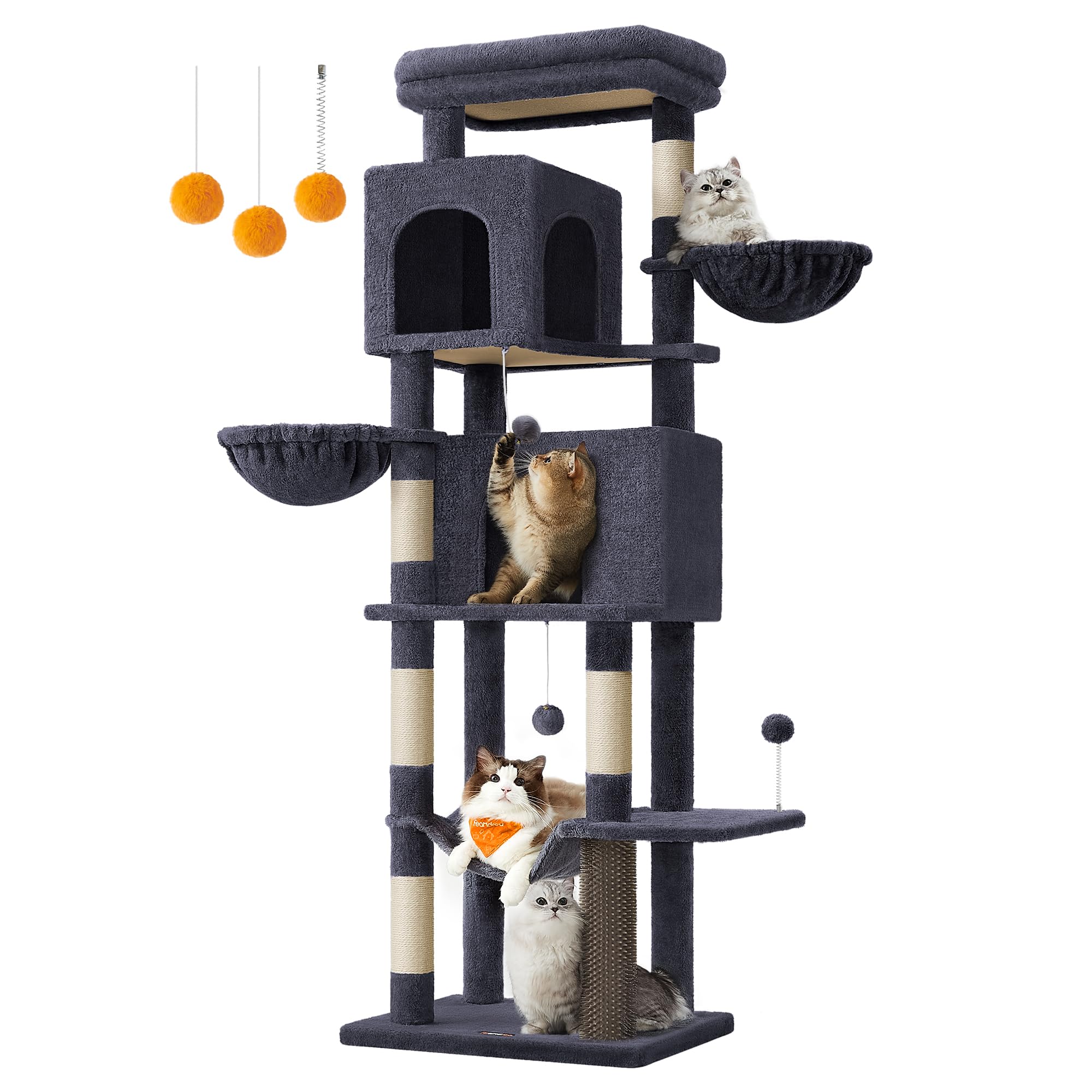Foto 2 pulgar | Árbol Para Gatos Feandrea, Color Gris Oscuro, 175 Cm De Altura, Con 2 Cuevas Y Hamaca - Venta Internacional.