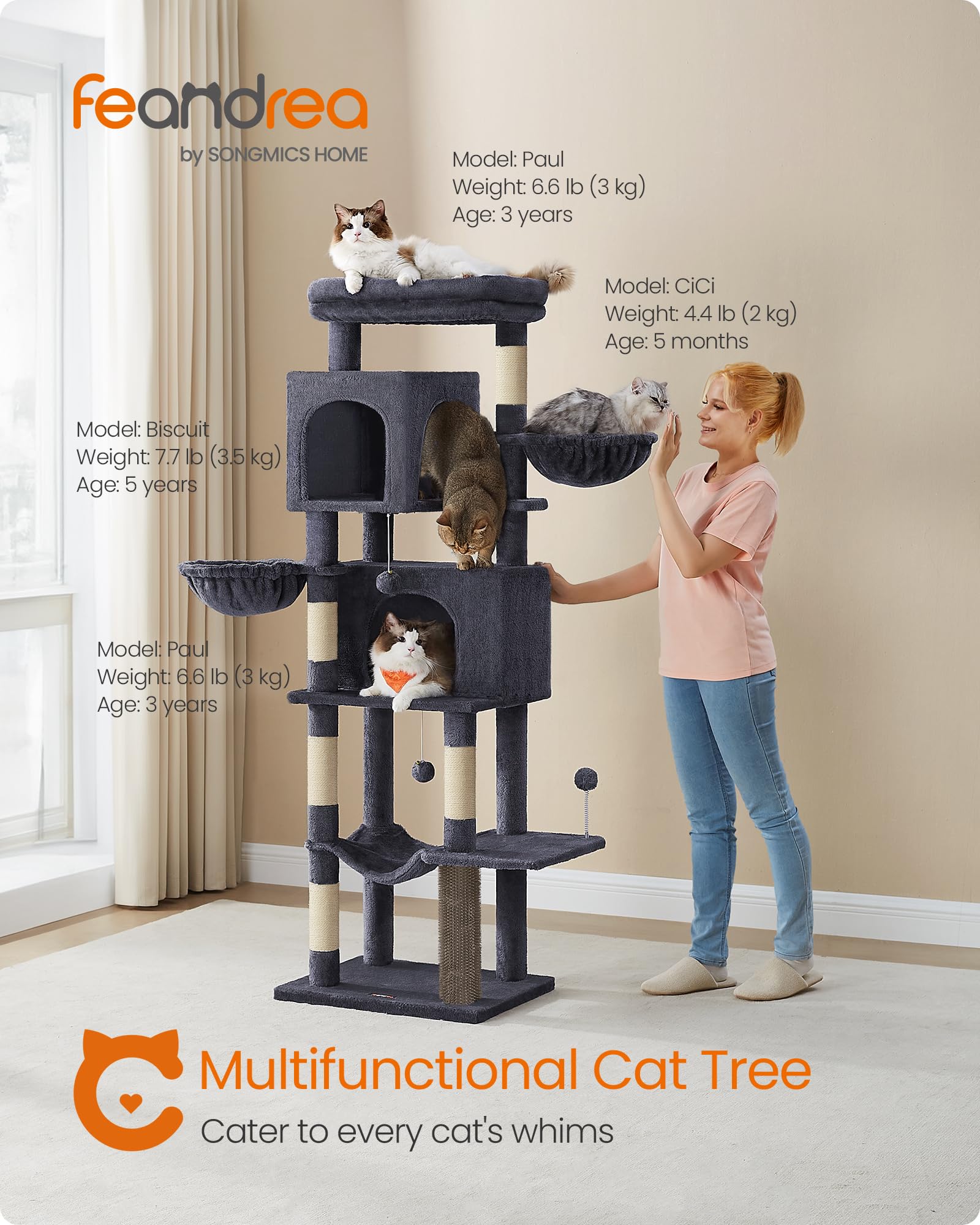 Foto 3 pulgar | Árbol Para Gatos Feandrea, Color Gris Oscuro, 175 Cm De Altura, Con 2 Cuevas Y Hamaca - Venta Internacional.