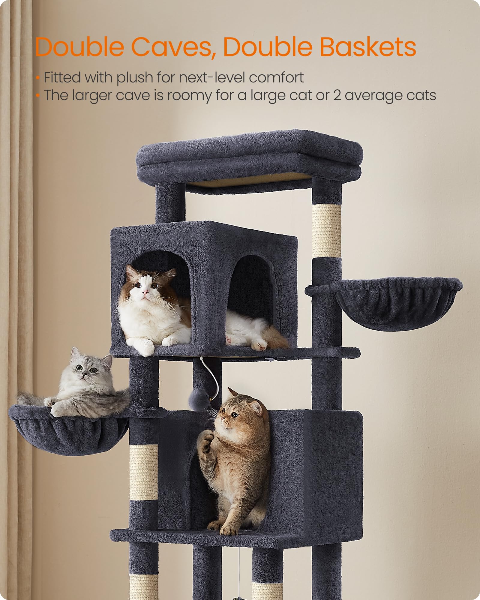 Foto 5 pulgar | Árbol Para Gatos Feandrea, Color Gris Oscuro, 175 Cm De Altura, Con 2 Cuevas Y Hamaca - Venta Internacional.