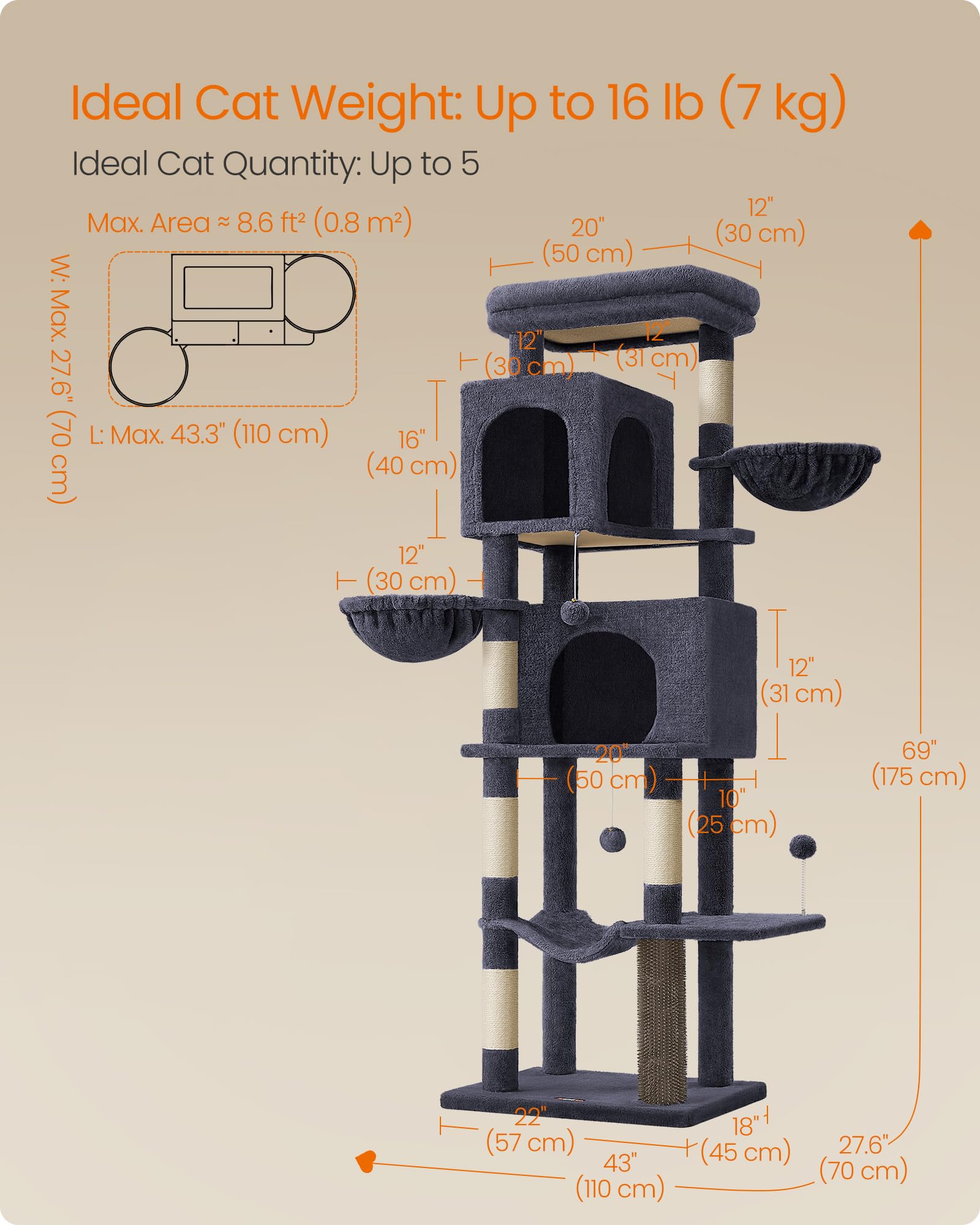 Foto 7 pulgar | Árbol Para Gatos Feandrea, Color Gris Oscuro, 175 Cm De Altura, Con 2 Cuevas Y Hamaca - Venta Internacional.
