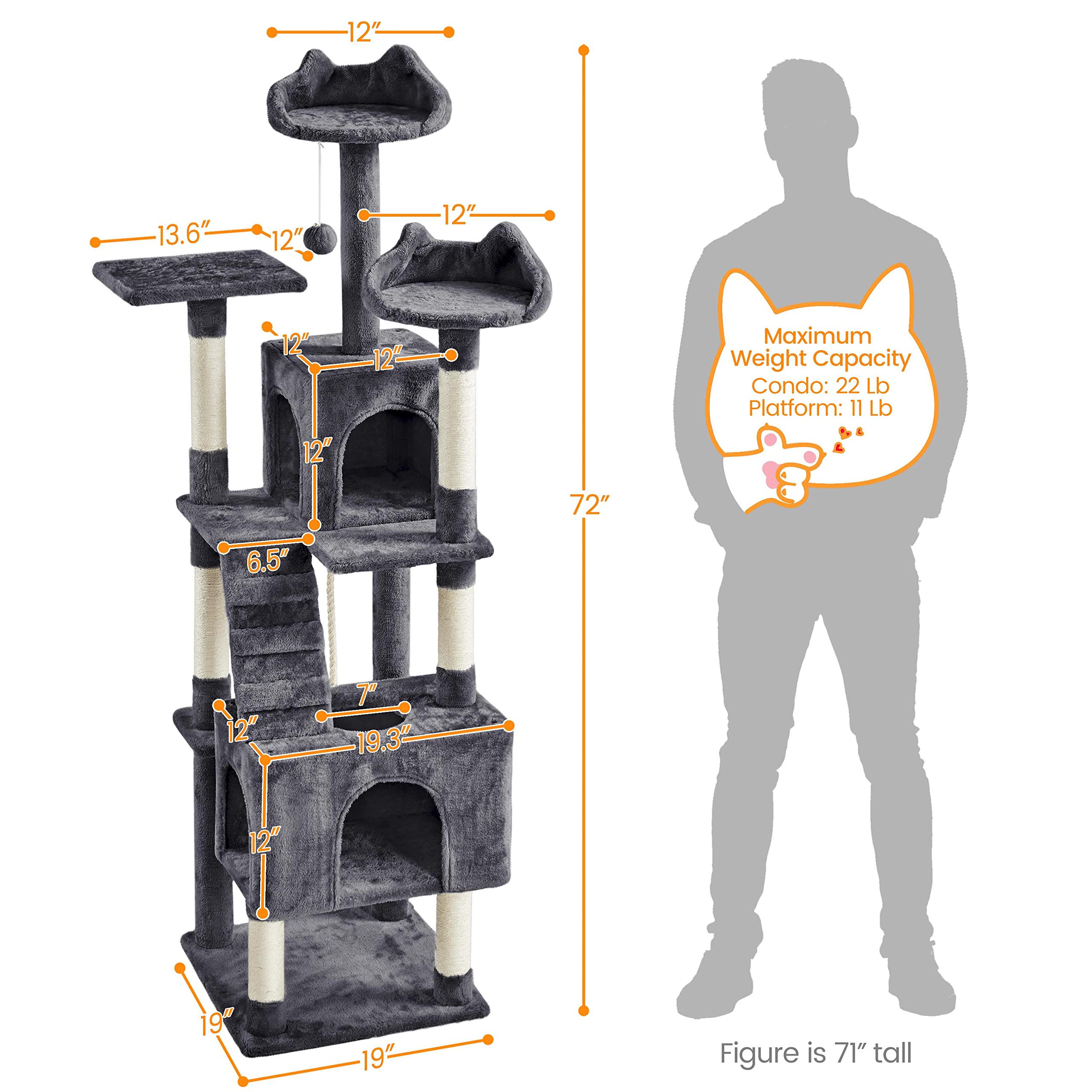 Foto 4 pulgar | Árbol Para Gatos Yaheetech Xl, 182 Cm, Varios Niveles, Con 2 Cuevas Y 3 Perchas - Venta Internacional.