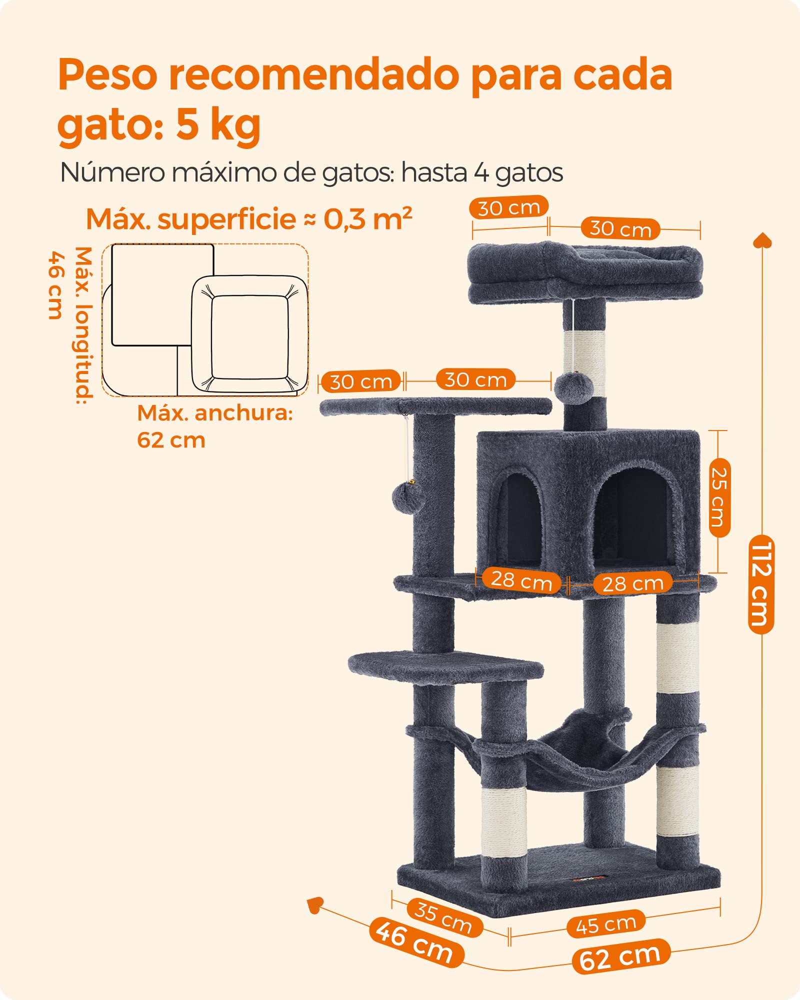 Foto 6 pulgar | Feandrea Arbol For Gatos, Height 112 Cm Grey Ahumado Mpct261g01