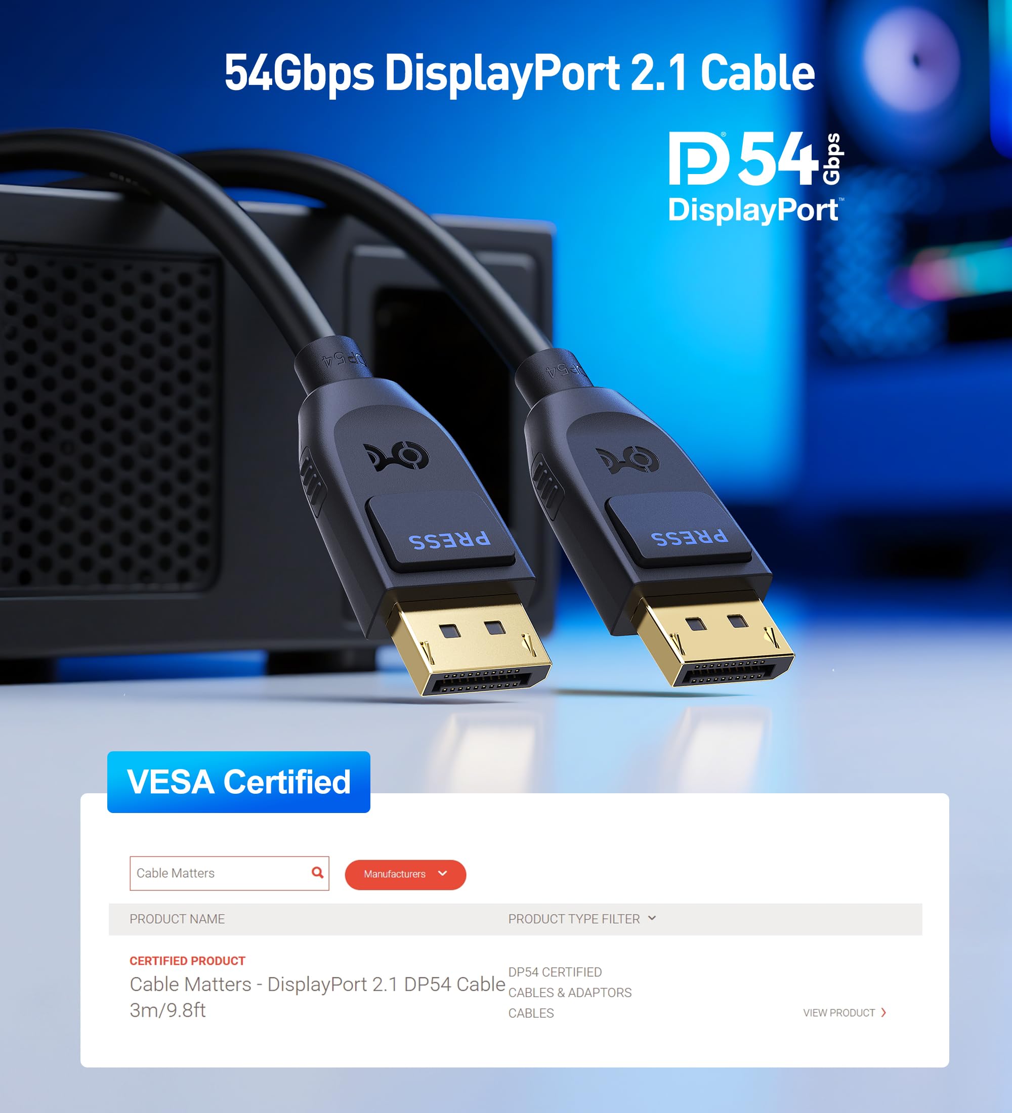 Foto 2 | Cable Displayport 2.1 Matters Dp54, Certificado Vesa De 3 M/9,8 Pies. - Venta Internacional.
