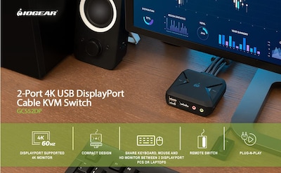 Foto 5 | Conmutador Kvm Iogear Usb Displayport 4k De 30 Hz Con Hub Usb De 2 Puertos - Venta Internacional.