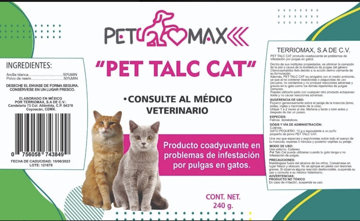 Foto 4 pulgar | Talco Para Gato Terriomax TALCCAT Anti Pulgas y Garrapatas 240 Gramos