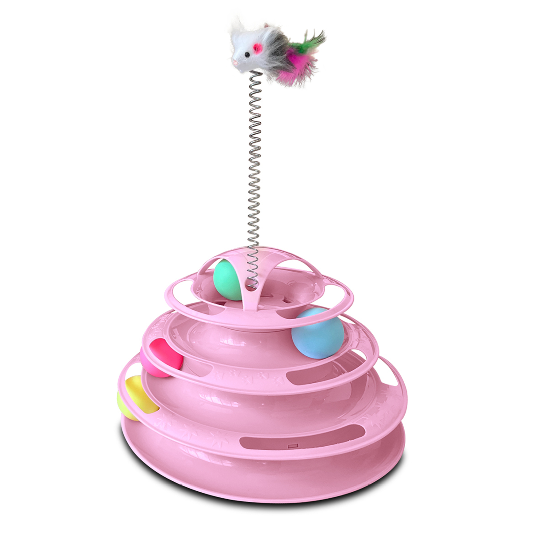 Foto 2 | Kitten - Juguete Para Gato - Torre Interactiva De 4 Niveles Con Pelotas Y Un Resorte Con Ratón En La Punta - Color Rosa