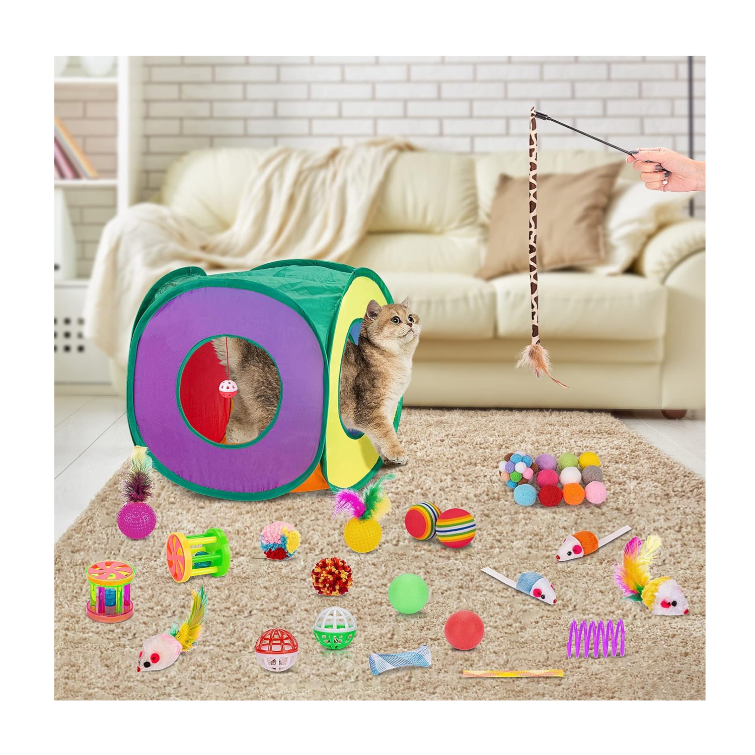 Foto 3 pulgar | Juguetes Para Gato 33 Pz Pluma Varita Bola Túnel Casa Ratones Multicolor