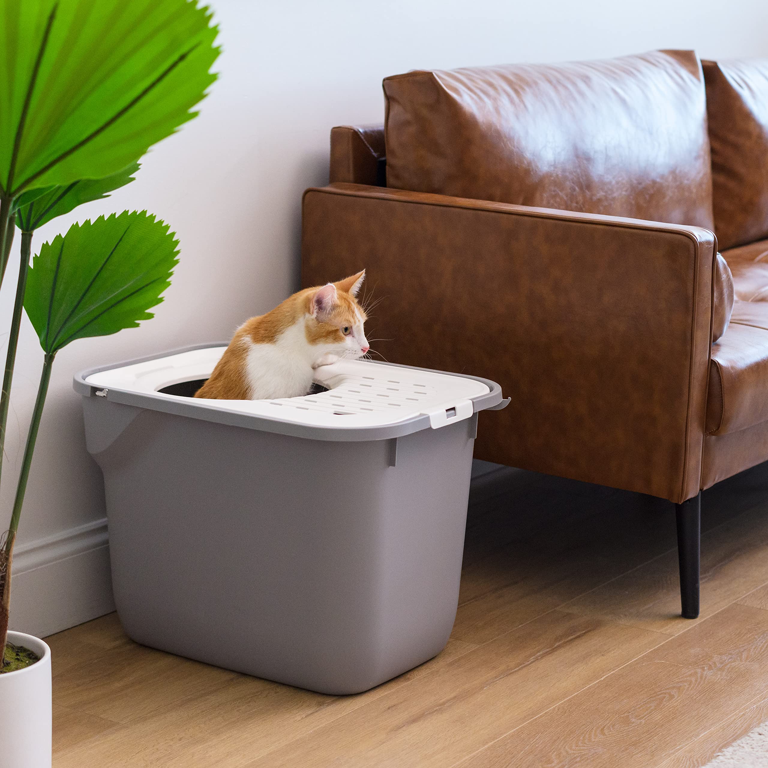 Foto 4 pulgar | Caja De Arena Para Gatos Iris Usa Con Entrada Superior Grande, Gris Y Blanco - Venta Internacional.