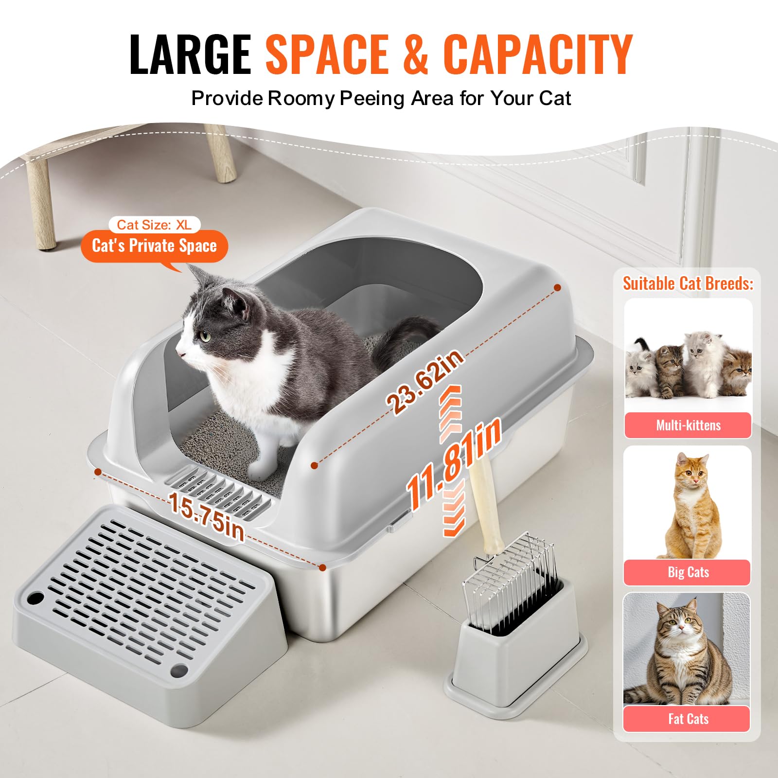 Foto 7 pulgar | Caja De Arena Para Gatos Vevor De Acero Inoxidable Xl Cerrada Con Tapa - Venta Internacional.