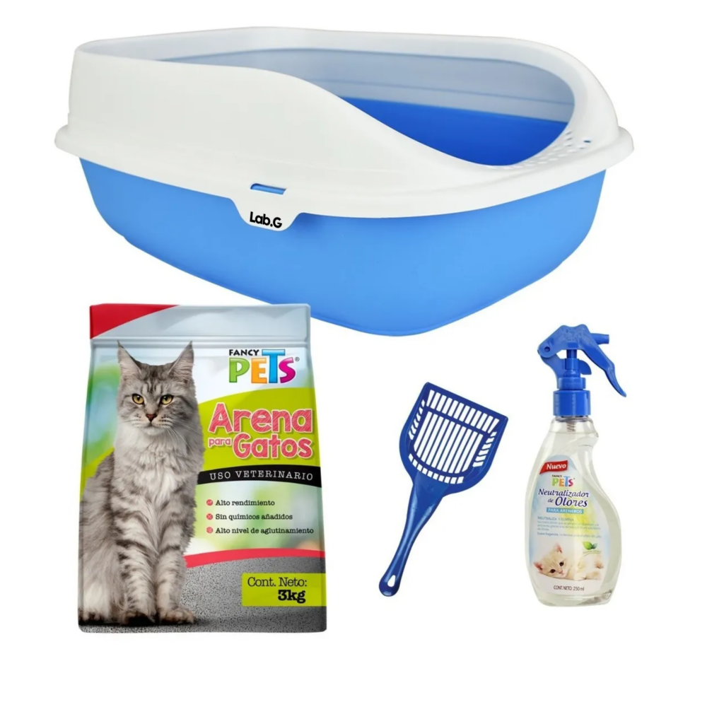 Foto 3 pulgar | Kit Para Gato Con Arenero Pala Neutralizador Lab.g,  Blanco Con Azul