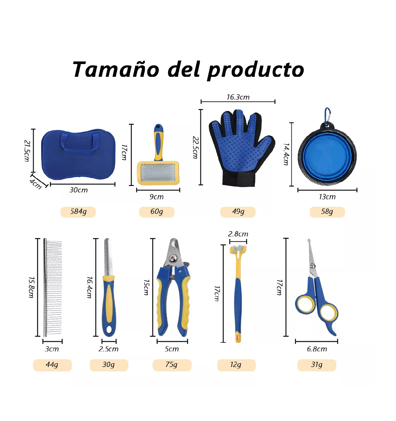Foto 3 pulgar | Set de Guante Cepillo Removedor de Pelo BELUG Peine para Mascotas 8 Piezas Azul