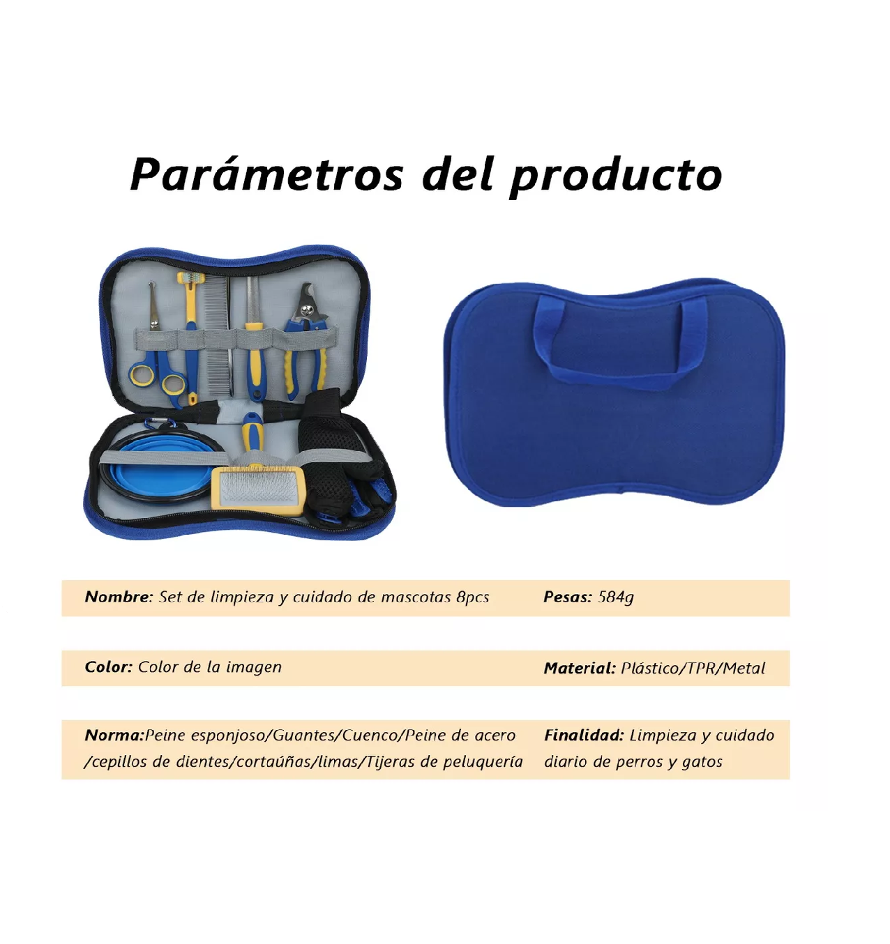 Foto 4 pulgar | Set de Guante Cepillo Removedor de Pelo BELUG Peine para Mascotas 8 Piezas Azul